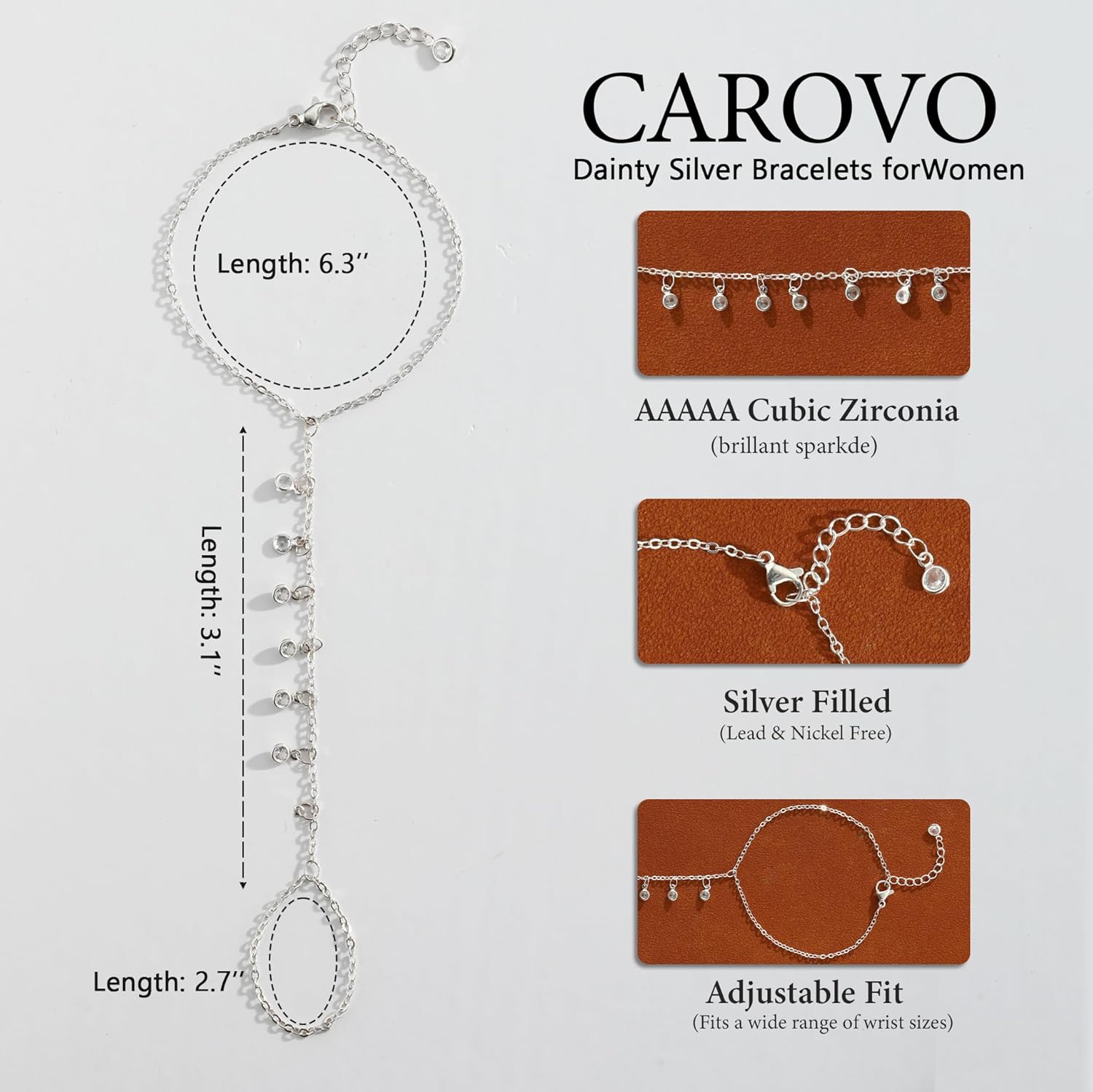 CAROVO Gold Bracelet for Women Dainty 14K Real Gold Silver Plated Hand Chain Bracelet CZ Satellite Bead Finger Ring Chain Bracelet Jewelry Adjustable Waterproof Gift for Women - Image 2