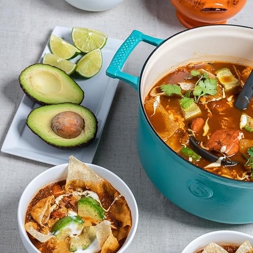 Miniatura 6 de SAVEUR SELECTS Cacerola de hierro fundido esmaltado, horno holandés de 5 cuartos de galón con tapa de acero inoxidable de doble pared, azul sabroso,