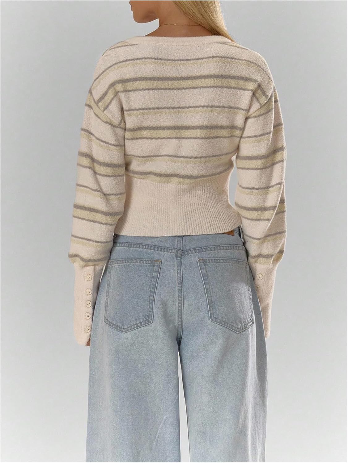 SHENHE Women's Y2k Striped Button Up Cropped Sweater Cardigan Crew Neck Slim Fit Knitwear - Image 2