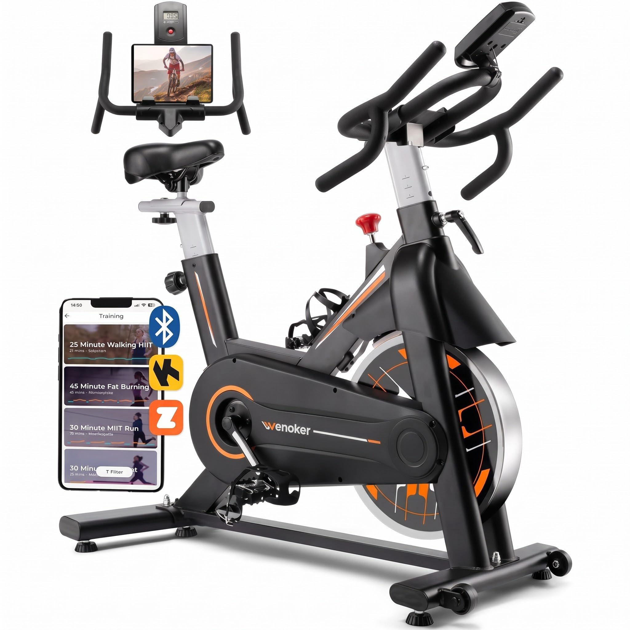 Exercise Bike, Wenoker Magnetic Resistance Stationary Bike for Home App Sync Indoor Bike with 350lbs Weight Capacity, Tablet Holder and Fitness Courses for Weight Loss[Black]