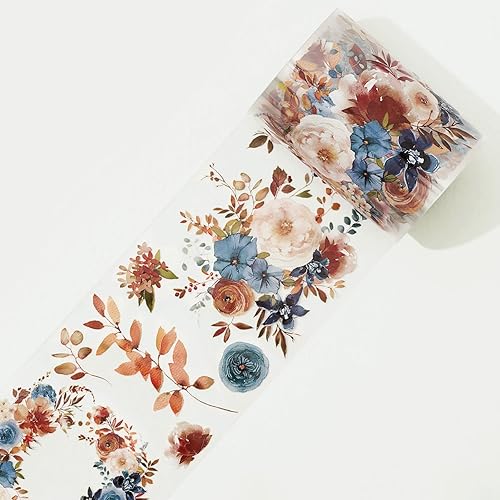 Miniatura 1 de WT Cinta de PET ancha azul polvoriento y canela, un solo rollo, diseños originales, cinta decorativa floral, cinta transparente para manualidades