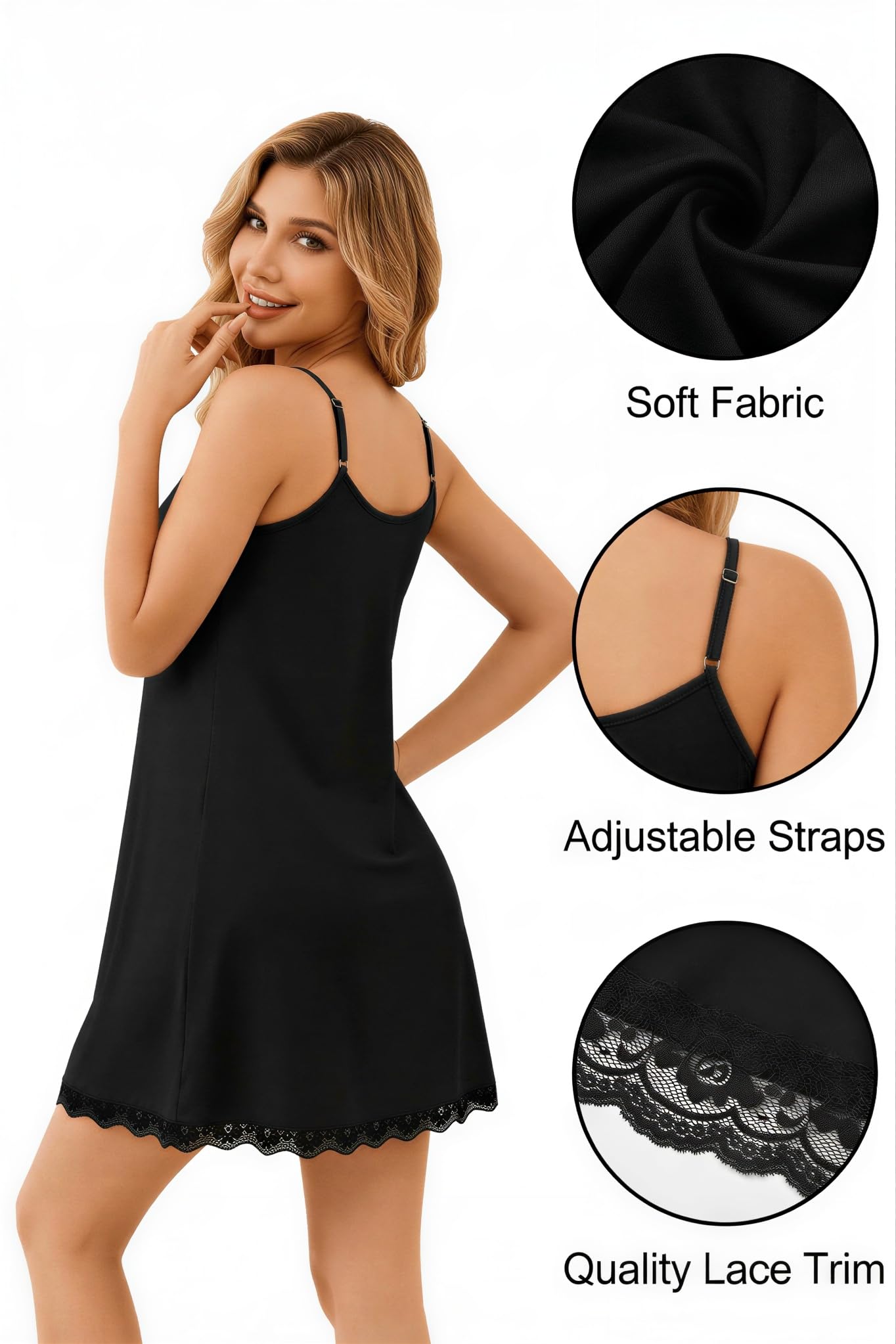 Ekouaer 2er Nachthemd Damen Ärmellos Nachtkleid Sexy Träger Nachtwäsche Spitze V-Ausschnitt Unterkleid Negligee Schlafshirt S-XXL
