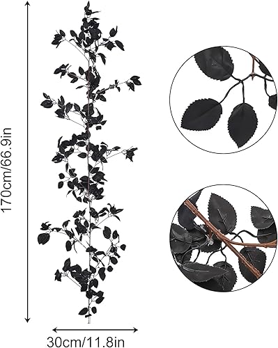 Miniatura 9 de Guirnalda de hojas negras artificiales de 5.6 pies para colgar en Halloween, hojas de eucalipto negras para el hogar, mesa de pared, decoración de