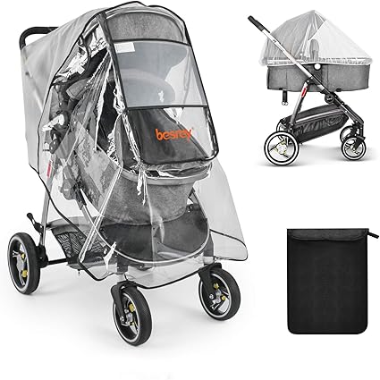 Amazon Besrey ベビーカーレインカバー フロントオープン ベビーカー用レインカバー 汎用型 蚊帳と収納袋付き 通気性 防水性 防雨 防風 防雪 防寒 防塵 花粉対策 レインカバー ベビー マタニティ 通販