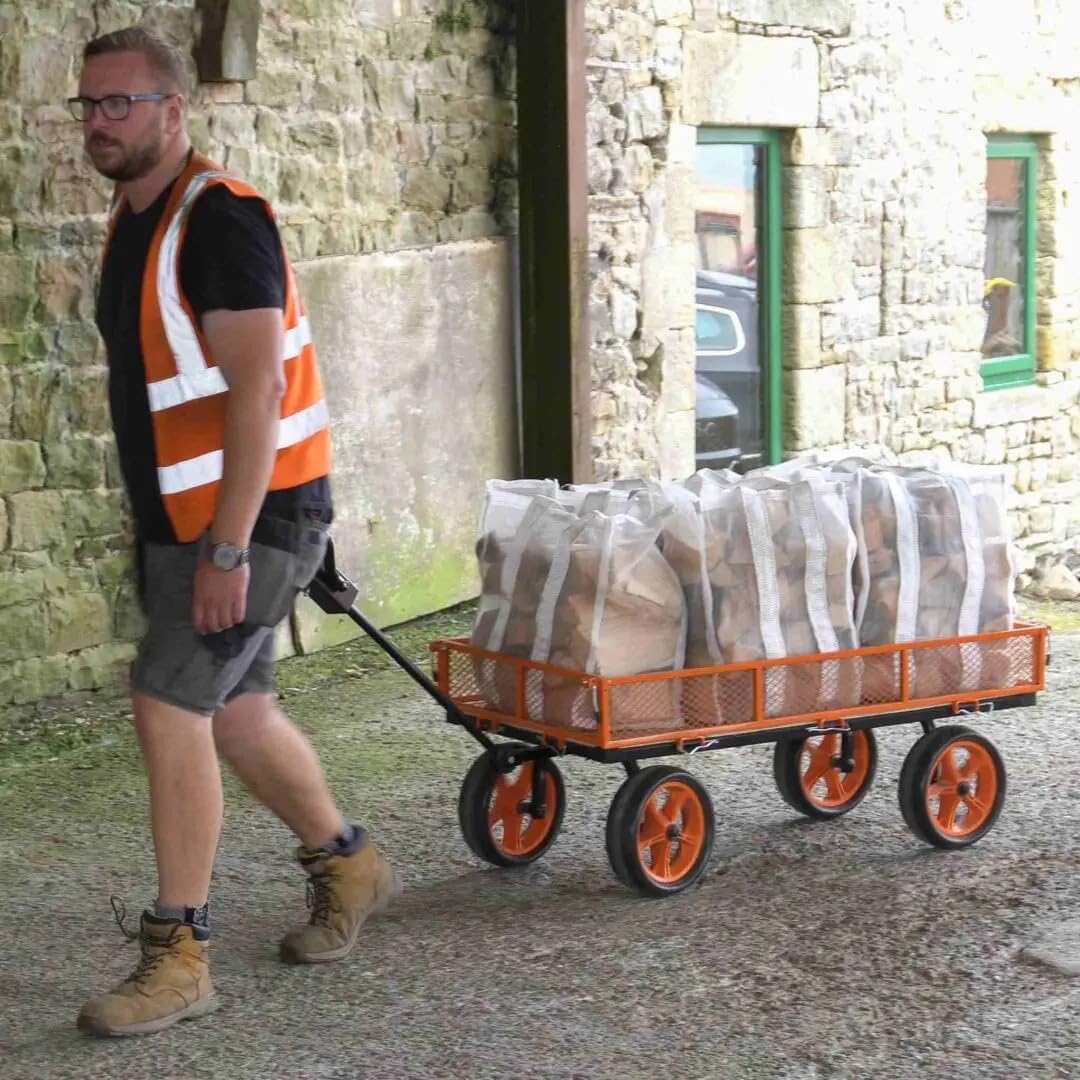 Forest Master FM-CART - Carro de jardín resistente, carrito utilitario todo terreno con lados de malla plegables y ruedas de poliuretano, carro plano para jardinería, bricolaje, paisajismo y uso en