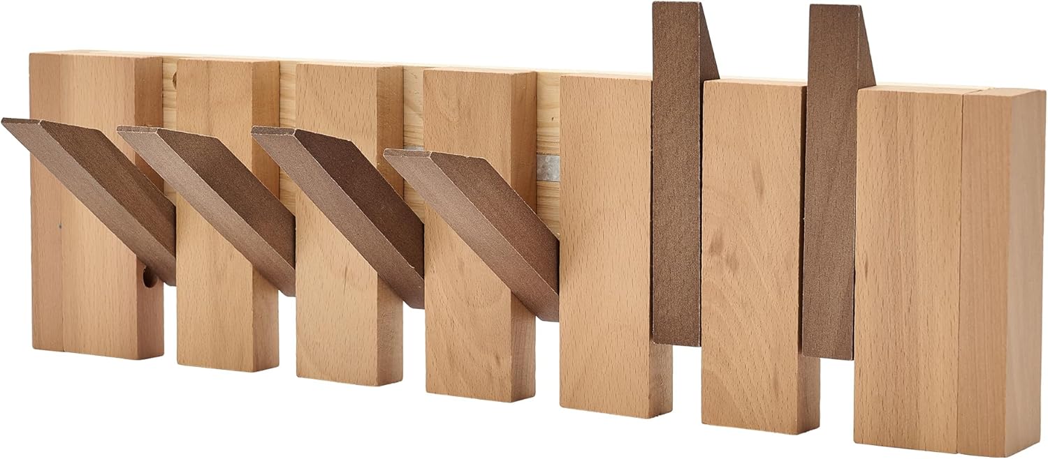 Natural Wood Wall Mounted Piano Coat Rack | Mounted Coat | Flip Up Wall Hook 6 Hooks | Entry Art Hooks in Walnut (Colorblock)