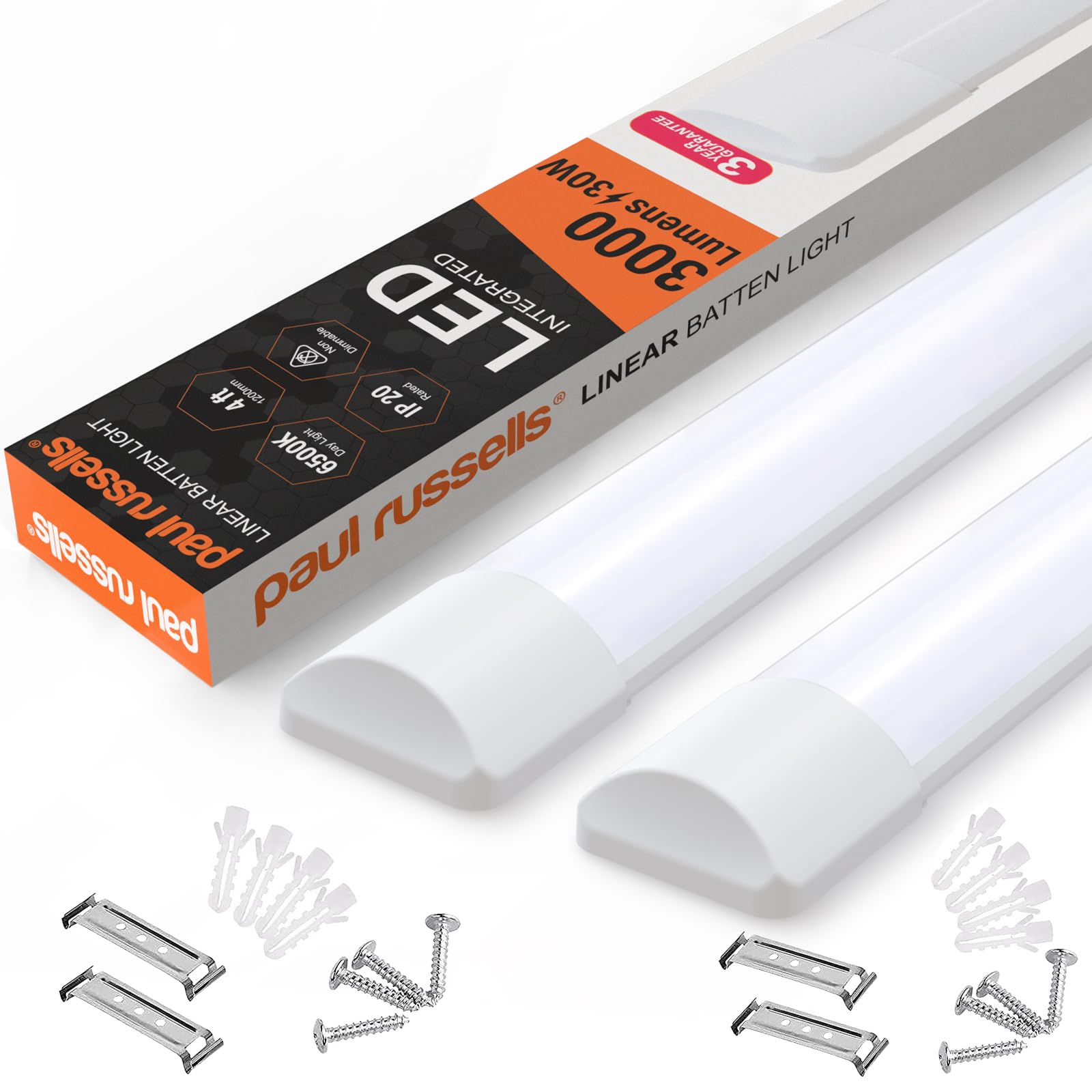 Paul Russells Daylight - 6500K Paul Russell's 4Ft Led Batten Light, Ceiling Fitting Tube Light, 6500K Daylight, 30W, 3000 Lumens, Office, Bathroom, Kitchen, Garage, Warehouse Fluorescent Lighting Replacement, 2 Packs