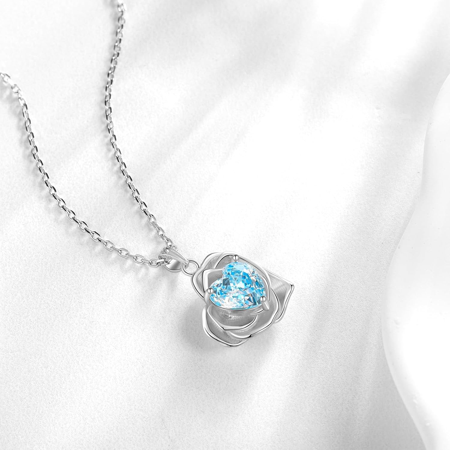 Aurora Tears Birthstone Rose Heart Pendant Necklace - 925 Sterling Silver Rose Cut Cubic Zirconia Love Necklace Anniversary Birthday Jewelry Gift for Women Wife Mom Daughter - Image 2