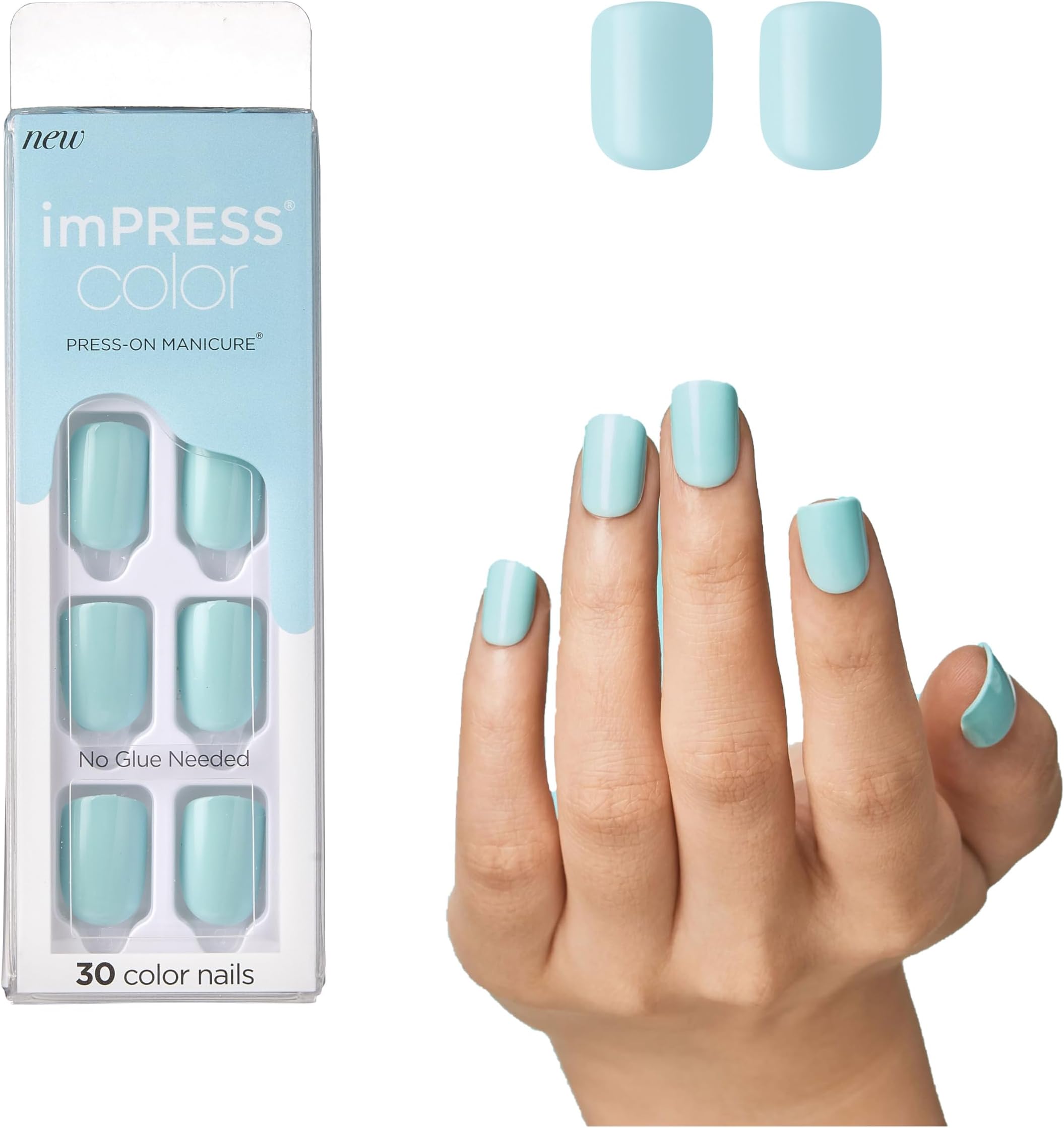 Kiss Impress Color Press-On Manicure, Gel Nail Kit, Purefit Technology, Pre-Glued, “Mint To Be”, Polish-Free Solid Colour Mani, Includes Prep Pad, Mini File, Cuticle Stick, And 30 Fake Nails