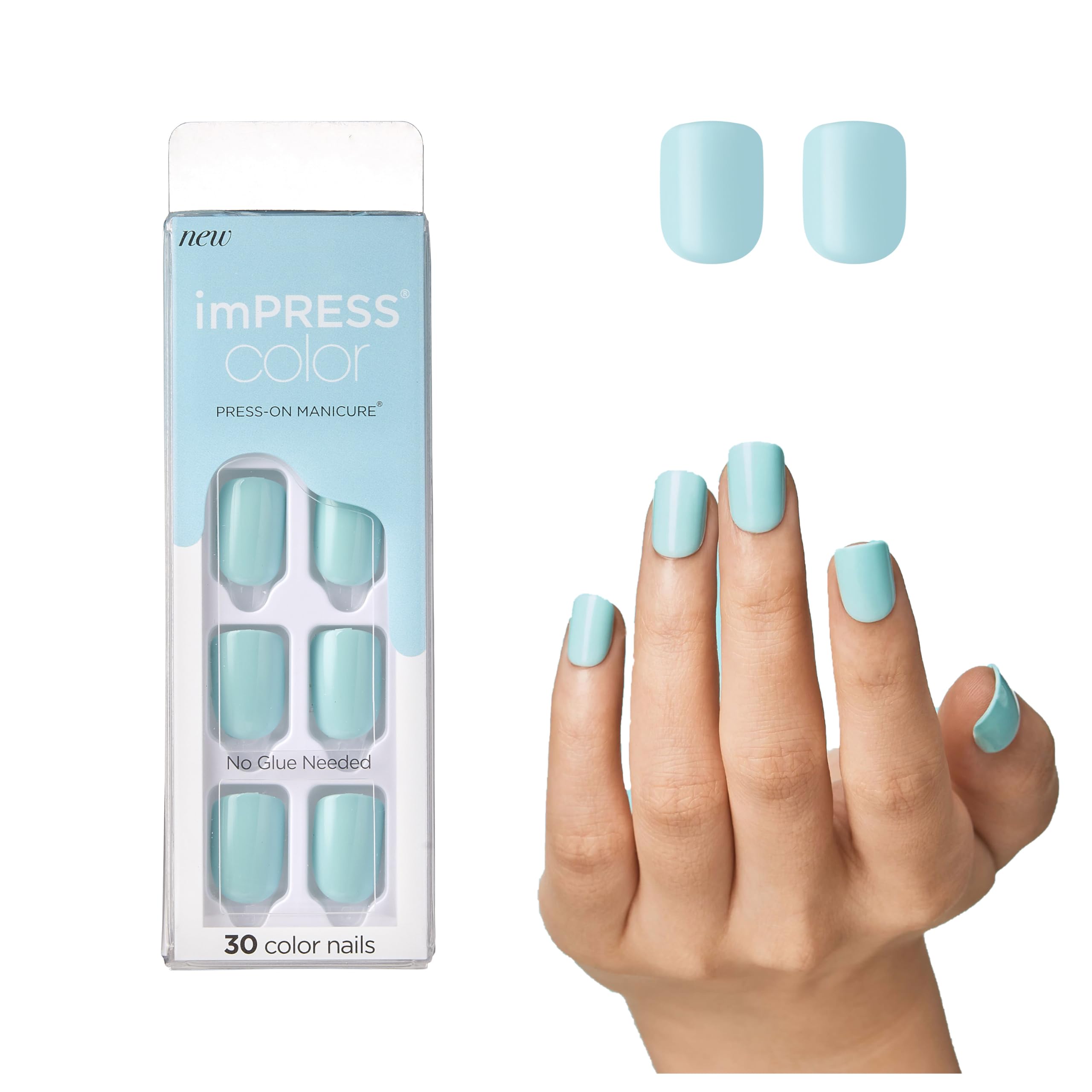Kiss Impress Color Press-On Manicure, Gel Nail Kit, Purefit Technology, Pre-Glued, “Mint To Be”, Polish-Free Solid Colour Mani, Includes Prep Pad, Mini File, Cuticle Stick, And 30 Fake Nails