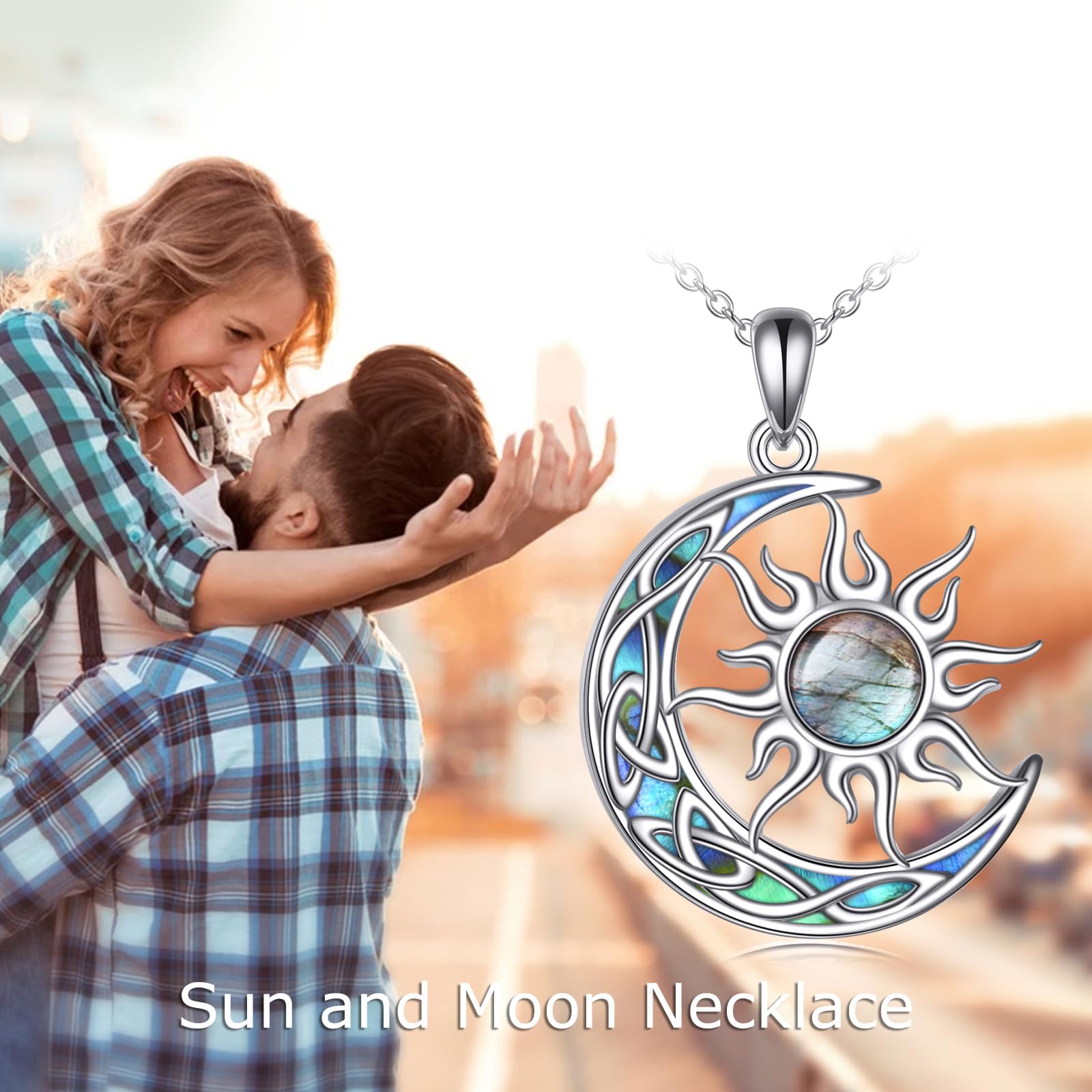 YAFEINI Sonne und Mond Kette Damen 925 Sterling Silber Opal Keltischer Mond Anhänger Halskette Mondstein Sonne Schmuck Geschenk