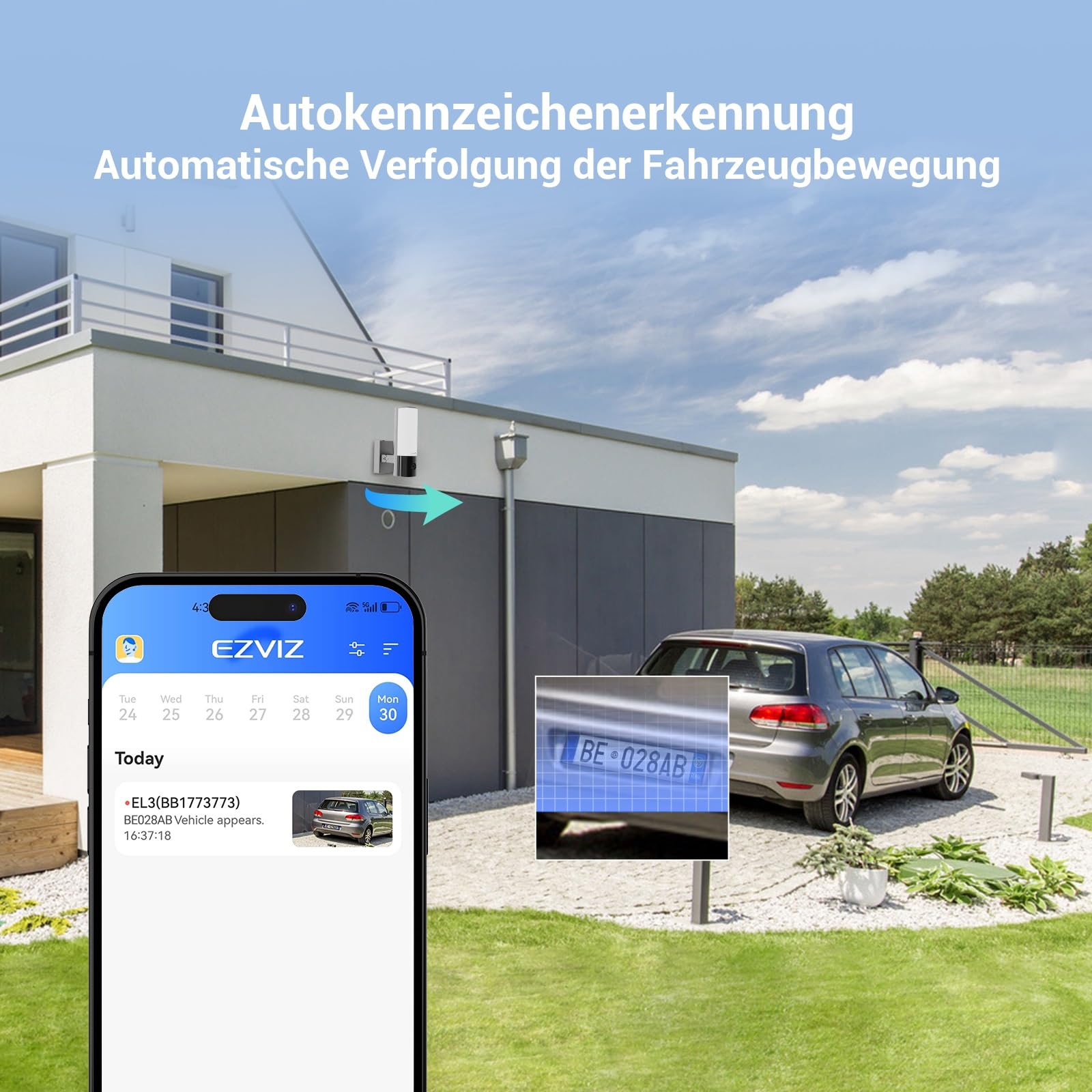 EZVIZ 2K WLAN Floodlight, Überwachungskamera Außen, Smart Flutlicht mit Integrierter Beleuchtung, Personen-/Fahrzeugerkennung, Farbnachtsicht, einstellbare Heilligkeit, EL3