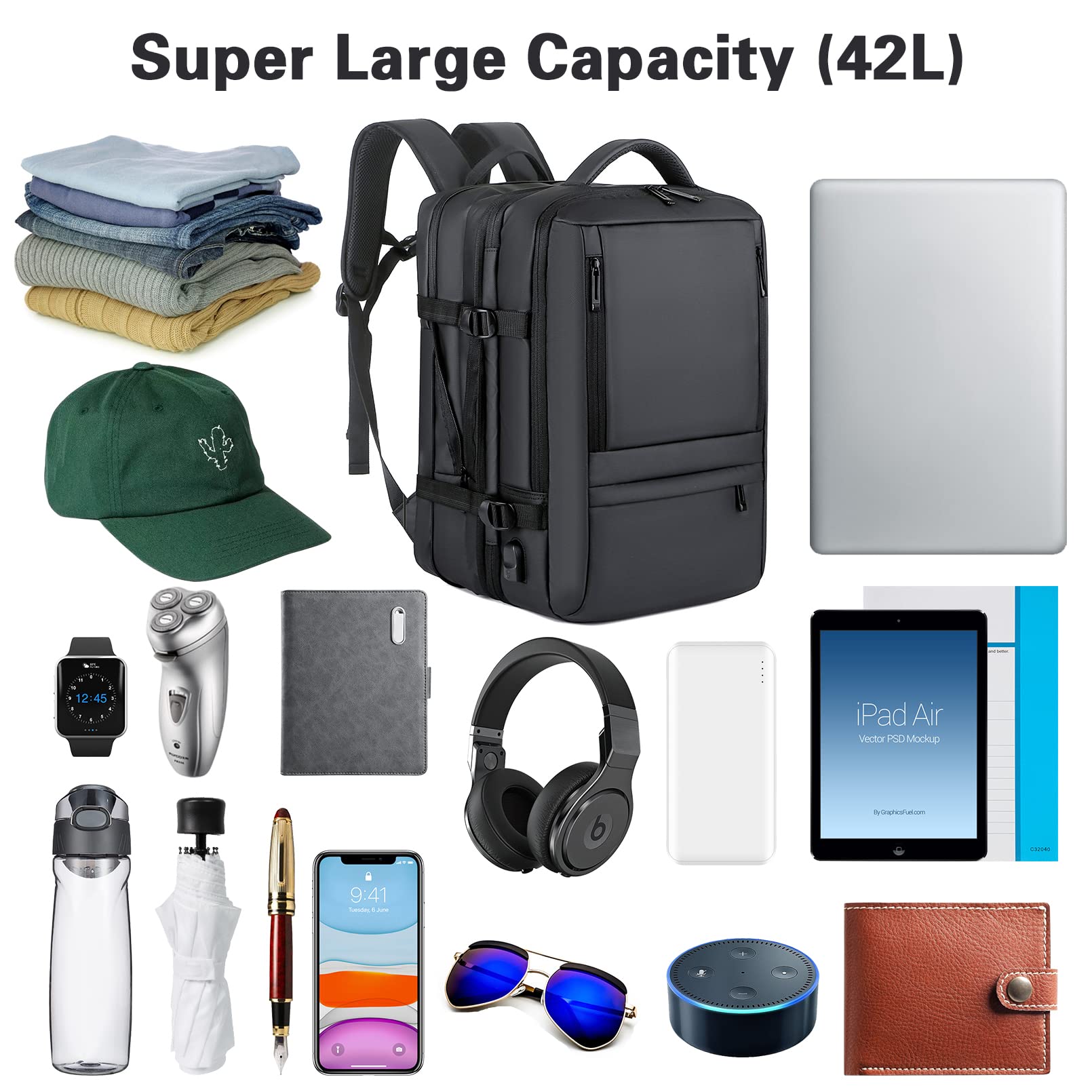 Travel Backpack, Carry On Backpack for Men Women, 40L Flight Approved Expandable Extra Large Backpack, 17 Inch Laptop Backpack, Waterproof Business Weekender Luggage Daypack Bag, Black