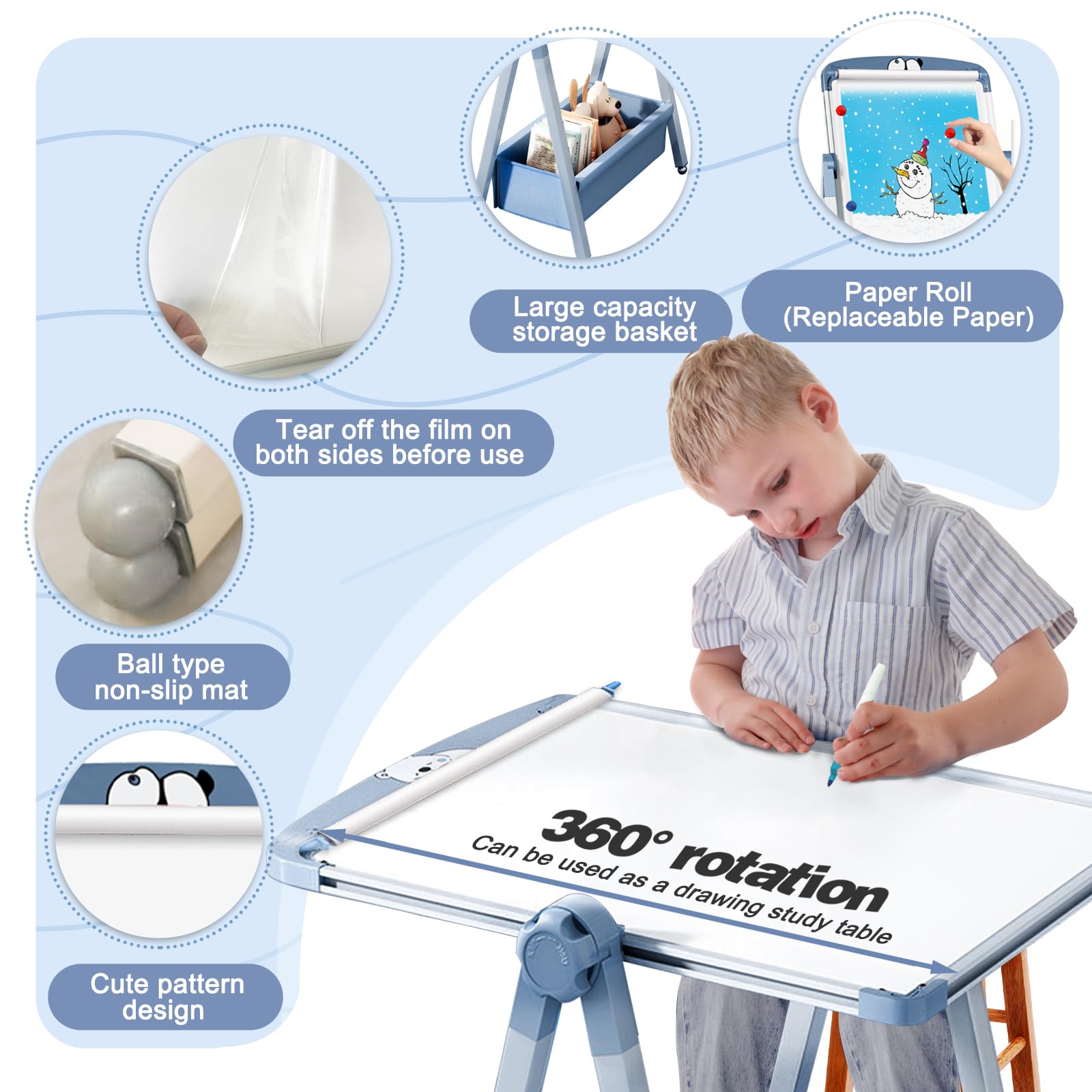 Chevalet Pour Enfants avec Rouleau de Papier 3 en 1 Double Face planche à dessin pliable, hauteur réglable Rotatif à 360 ° tableau blanc et noir avec lettres et chiffres pour garçons et filles