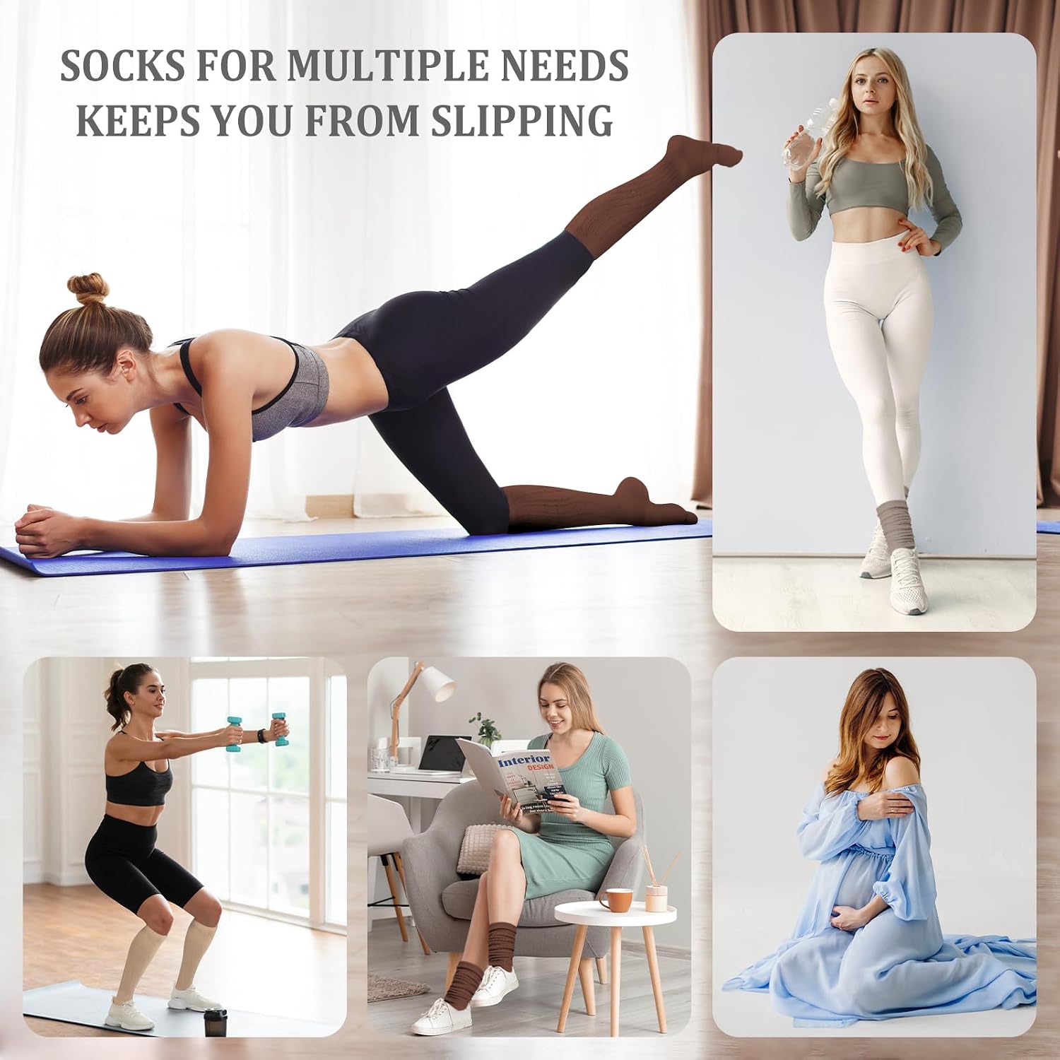 ZAKASA Slouch Socks with Grips for Women: Non Slip Long Scrunch Slouchy Socks Grippy Knee High for Yoga Pilates Hospital