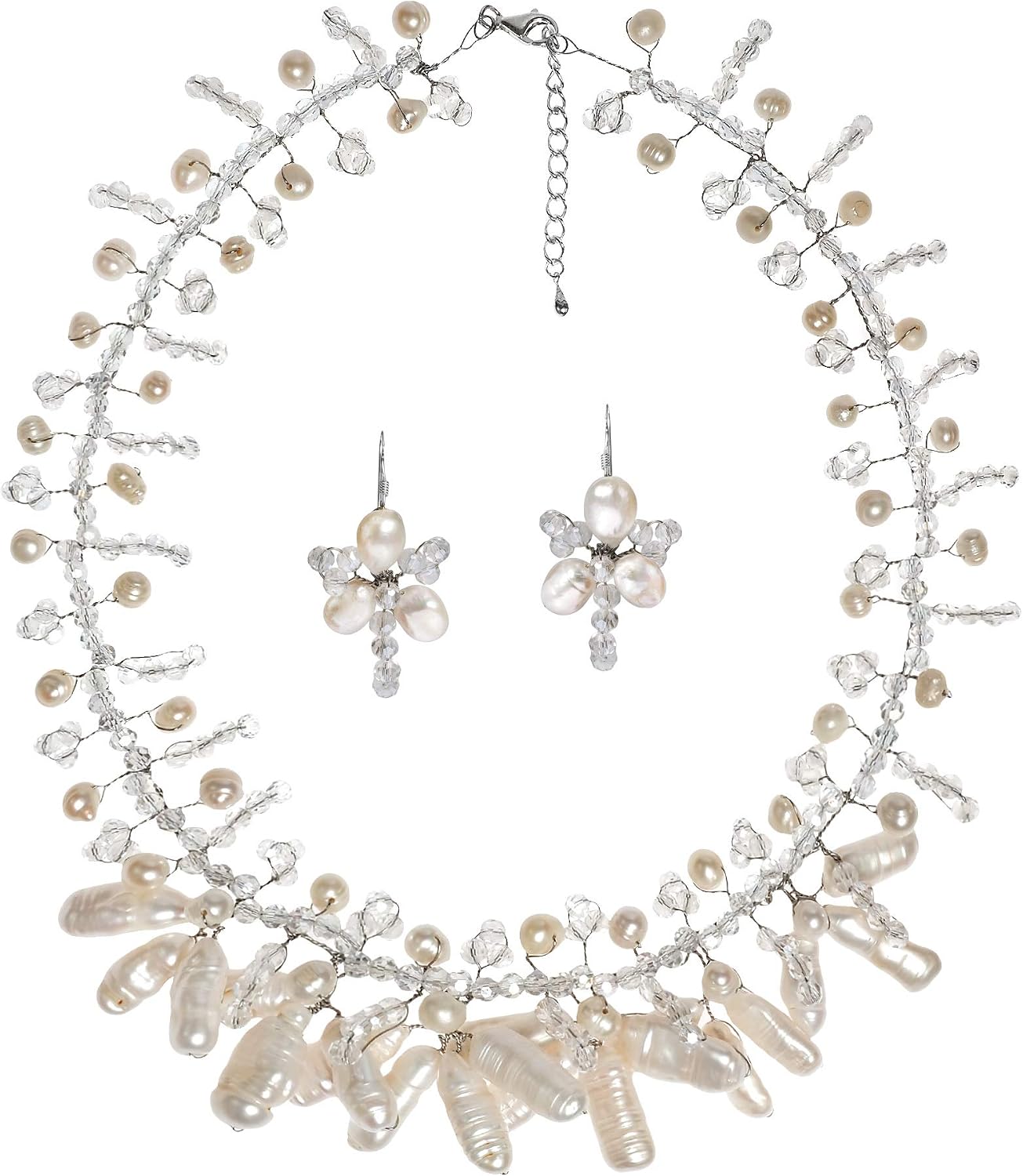 AeraVida Cultured Freshwater White Pearl Stick Floating Vines Jewelry Set | Elegant Earring Necklace Set for Women | Anniversary Jewelry Gift | Pearl Accessory Set