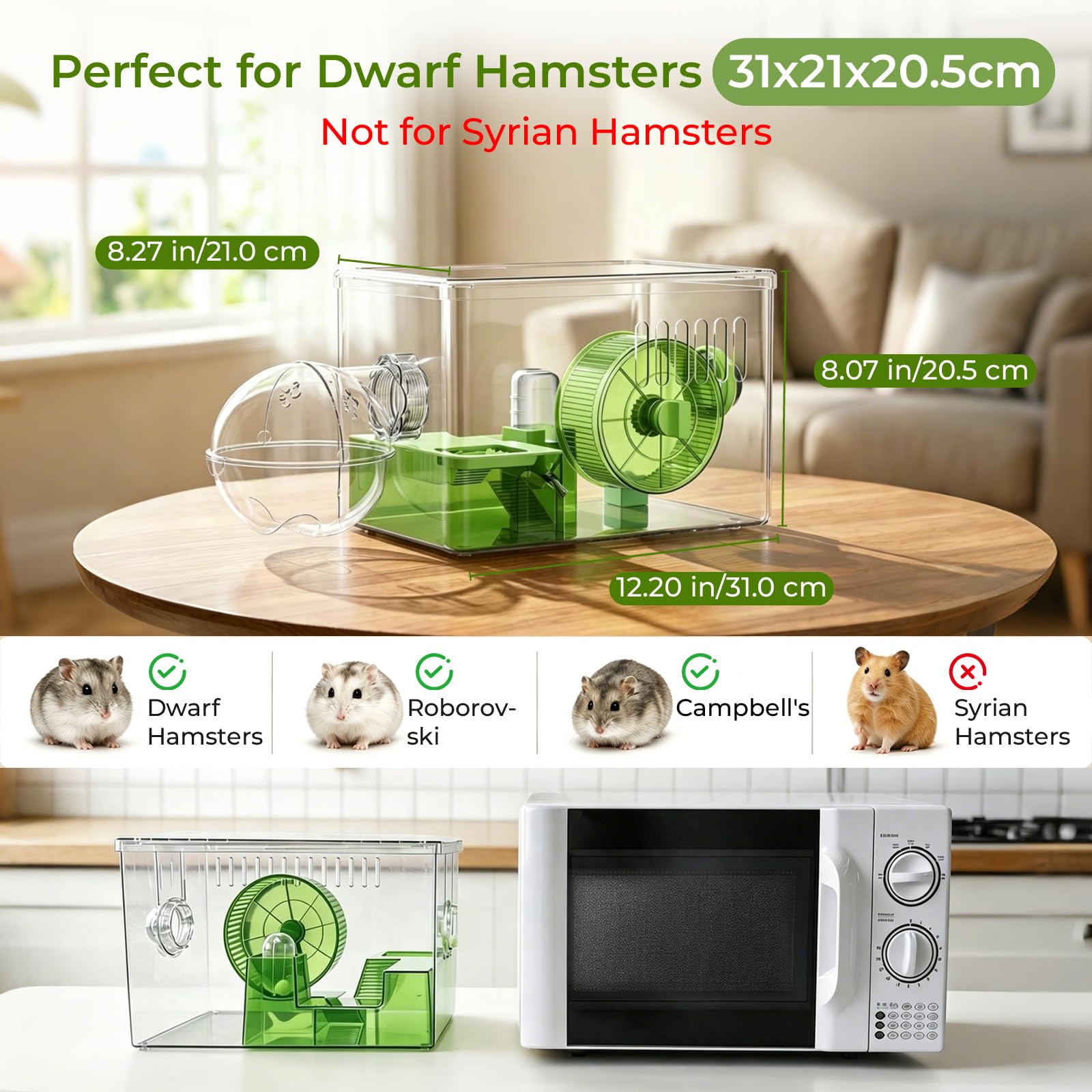 Gabbia per Criceto 360° Vista Ventilata 2Piani+7Accessori | 31,5x21,5x20,5cm, 2 piani, vista 360°, ventilata, 7 accessori, per topi e criceti, verde