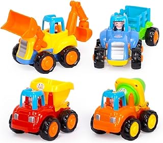 Berry President Set of 4: Early Educational Push and Go Friction Powered Car Tractor Bulldozer Mixer Truck and Dumper Toys for Toddler Baby Children Kids Boys Girls (4EngineeringCar)