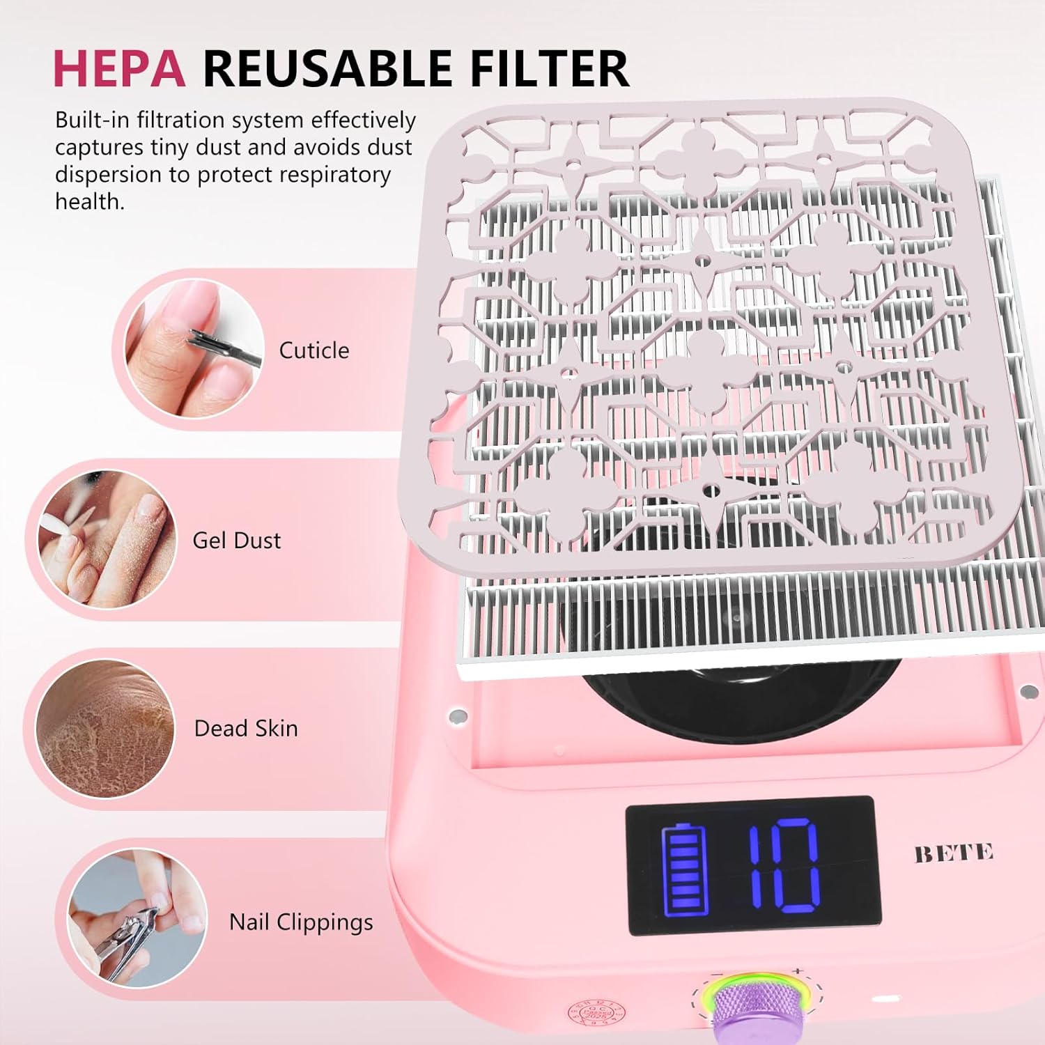 BETE Cordless Nail Dust Collector, 1800PA Powerful & Quiet Suction for Acrylic Nails Polishing, Rechargeable 6600mAh Battery with LED Display & Adjustable Speed, Perfect for Salon and Home Use, Pink
