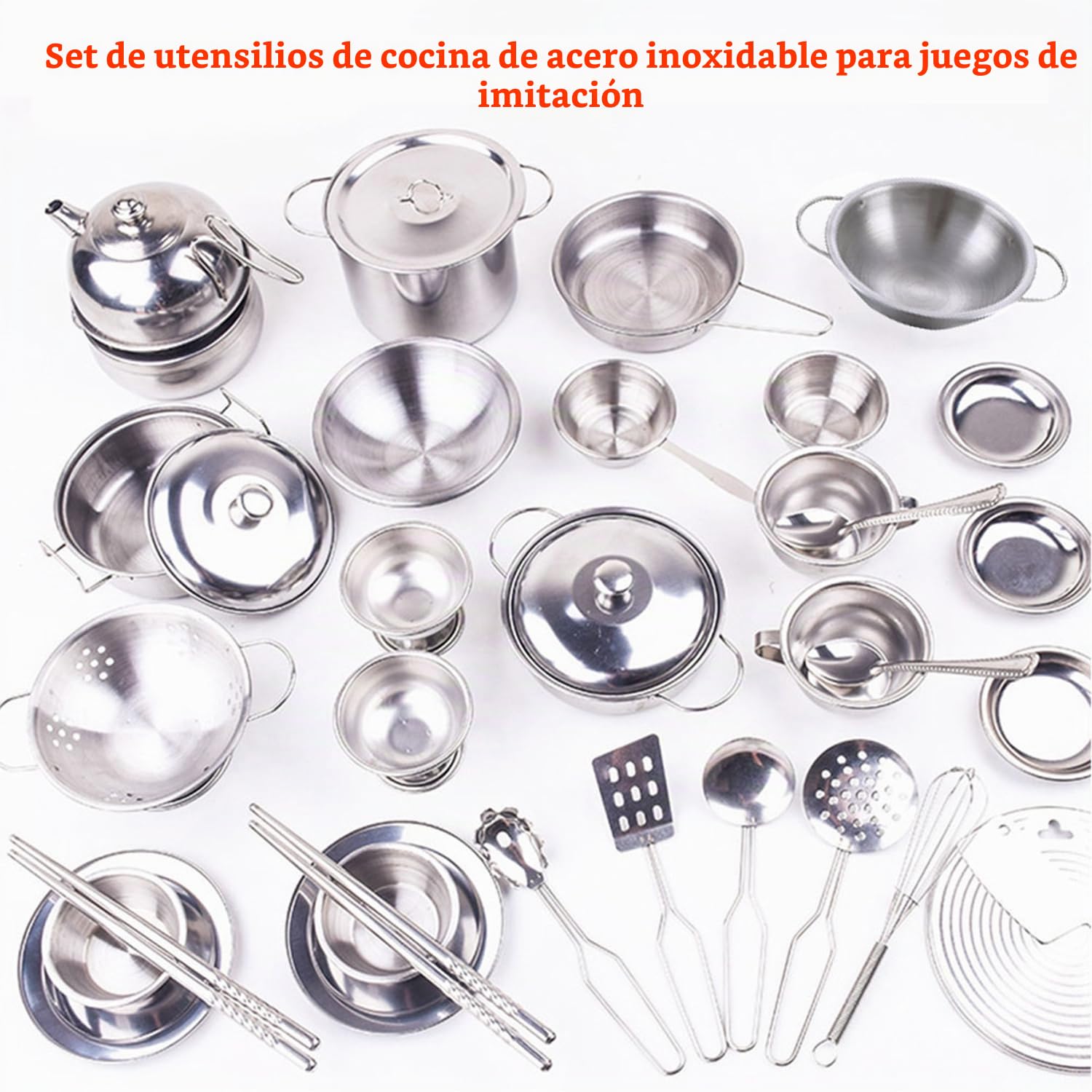 Juego de utensilios de cocina de acero inoxidable, juguetes de cocina, vienen con una práctica caja de almacenamiento, juguetes educativos para niños pequeños (41 piezas)
