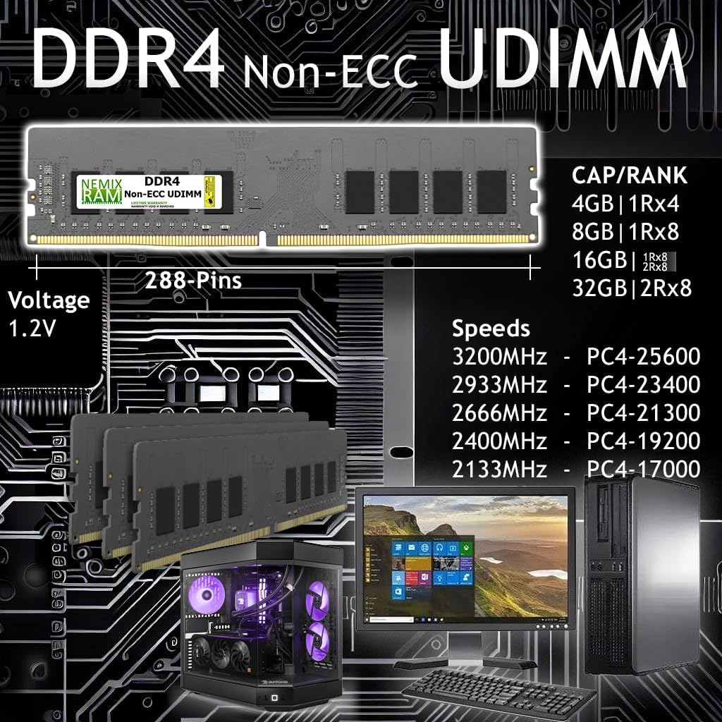 NEMIX RAM 32GB (4X8GB) DDR4 2666MHZ PC4-21300 1Rx8 1.2V CL19 288-PIN Non-ECC Unbuffered UDIMM Desktop PC Memory KIT
