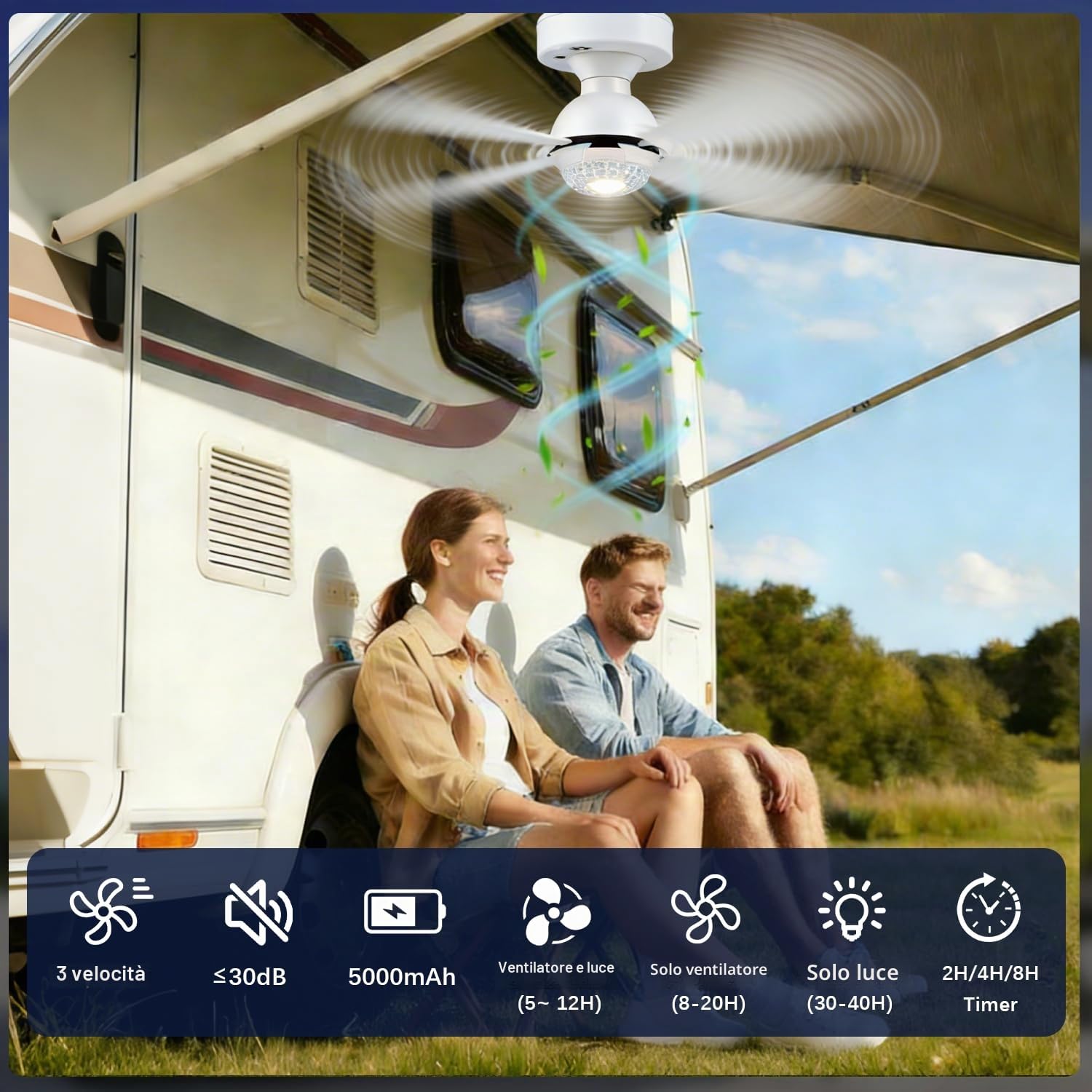 KZT Ventilatore solare da soffitto con illuminazione e telecomando, LED dimmerabile, lampada da soffitto a tre velocità, luce regolabile per esterni, giardino, gazebo, campeggio