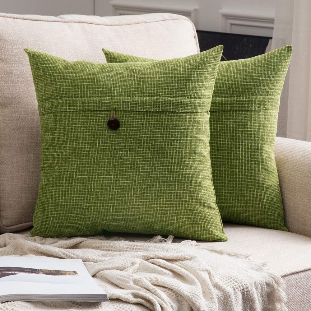 MIULEE Decorative Linen Throw Pillow Covers Shames Cases Farmhouse Vintage Button Pillowcases for Couch Sofa Bed Chair Outdoor Set of 2, 20x20 Inch Green