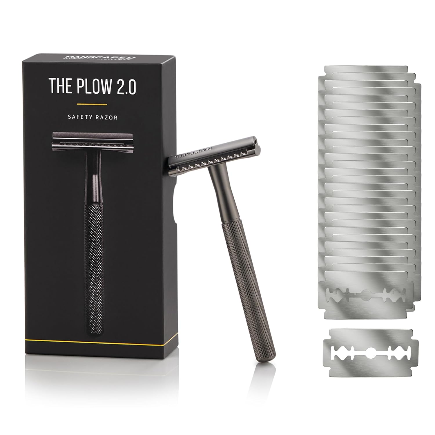 MANSCAPED® The Plow® 2.0 Premium Safety Razor + 30 Replacement Blades | Single Blade Double-Edge Face Razor with Stainless Steel Refills | Close, Comfortable, Irritation-Reducing Shave for Men