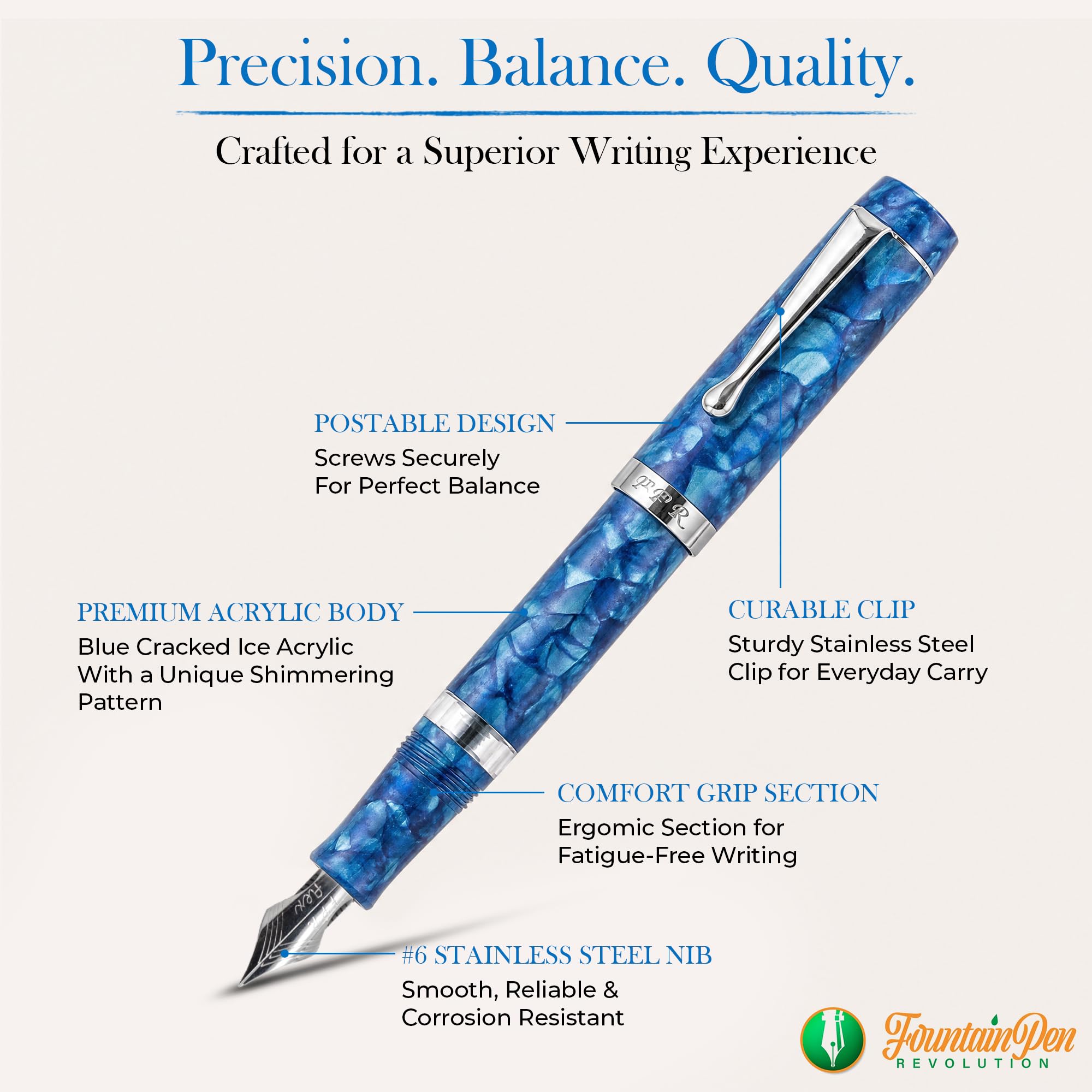 Jaipur V2 – Stylo-plume rechargeable ultra flexible avec pointe en acier inoxydable – Corps en acrylique et alimentation en ébonite – Stylos plume pour journal et calligraphie – Bleu