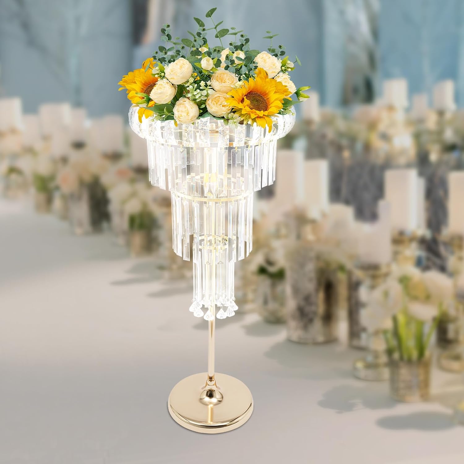 4-Tier Wedding Gold Centerpieces, Crystal Flower Stand with LED Light and Hanging Crystals, Round Chandelier Pedestal Stand for Wedding Road Lead Flower Arrangement Decoration (Gold)