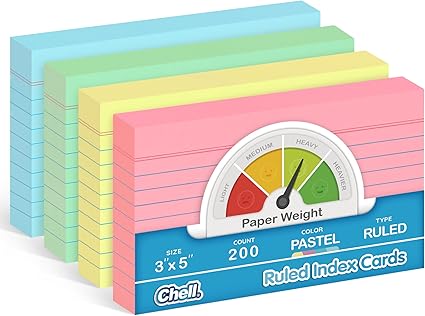 Chell 200 Count Index Cards 3x5 Inch Heavyweight, Ruled Front and Blank Back, 65 lb. Cover Weight, Pastel Colors