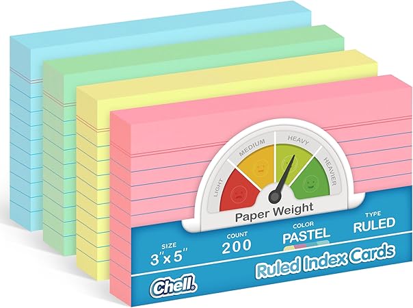 Chell 200 Count Index Cards 3x5 Inch Heavyweight, Ruled Front and Blank Back, 65 lb. Cover Weight, Pastel Colors