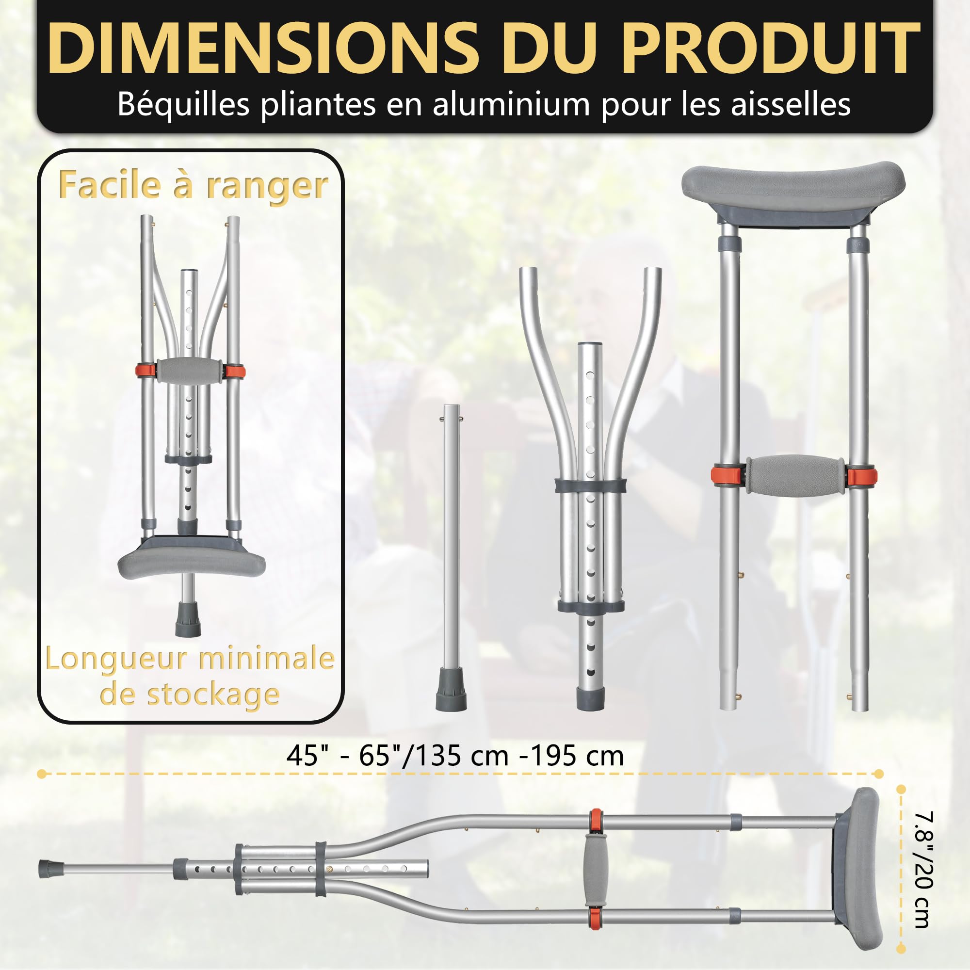 Béquille Réglables pour Adultes(x2 Unités), Capacité de Charge 150KG, 1 Paire Canne Pliable en Aluminium avec Coussinets sous les Aisselles et Pieds Antidérapants, 1 Paire de Bequille