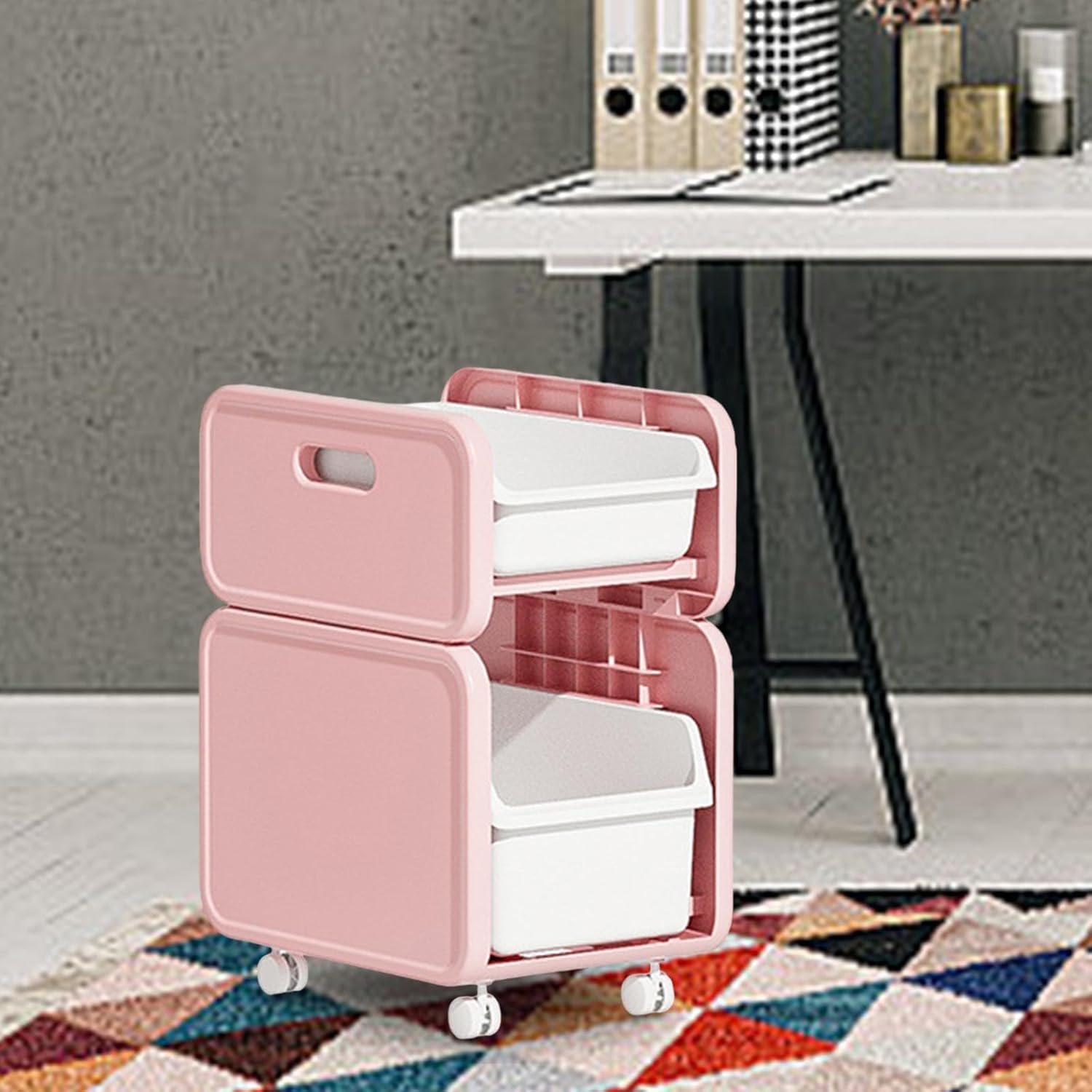 under Desk Storage Box Storage Bin Movable Backpack Organizer Chest Organizer Box Container for Bedroom, Kitchen, Kids Room, Blue 48Cm with Wheel/Pink 48Cm with Wheel