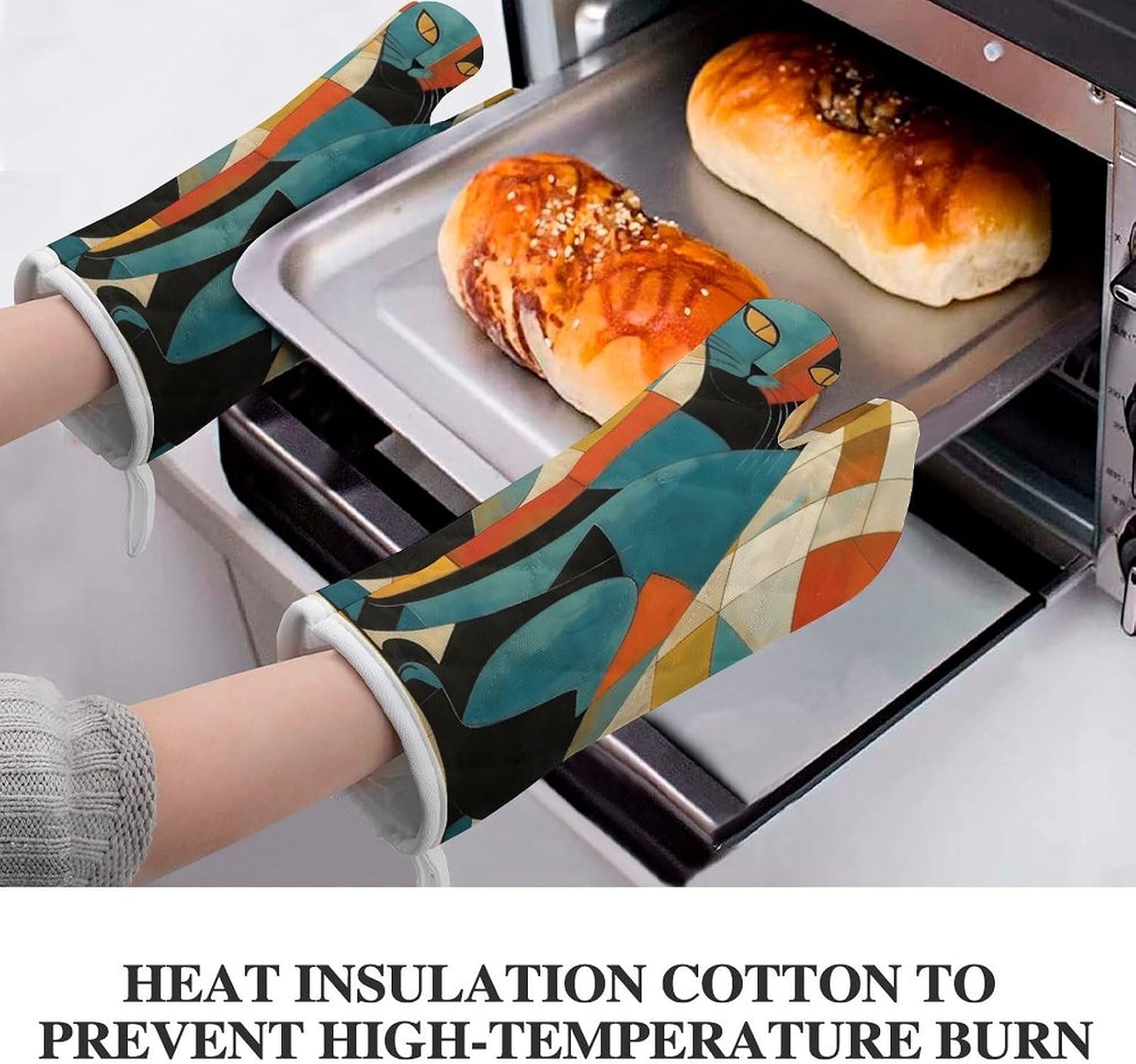 2 Pcs Oven Mitts Heat Resistant Kitchen Gloves Soft Safety Modern Art Cat Oven Glove for Microwave, Barbecue