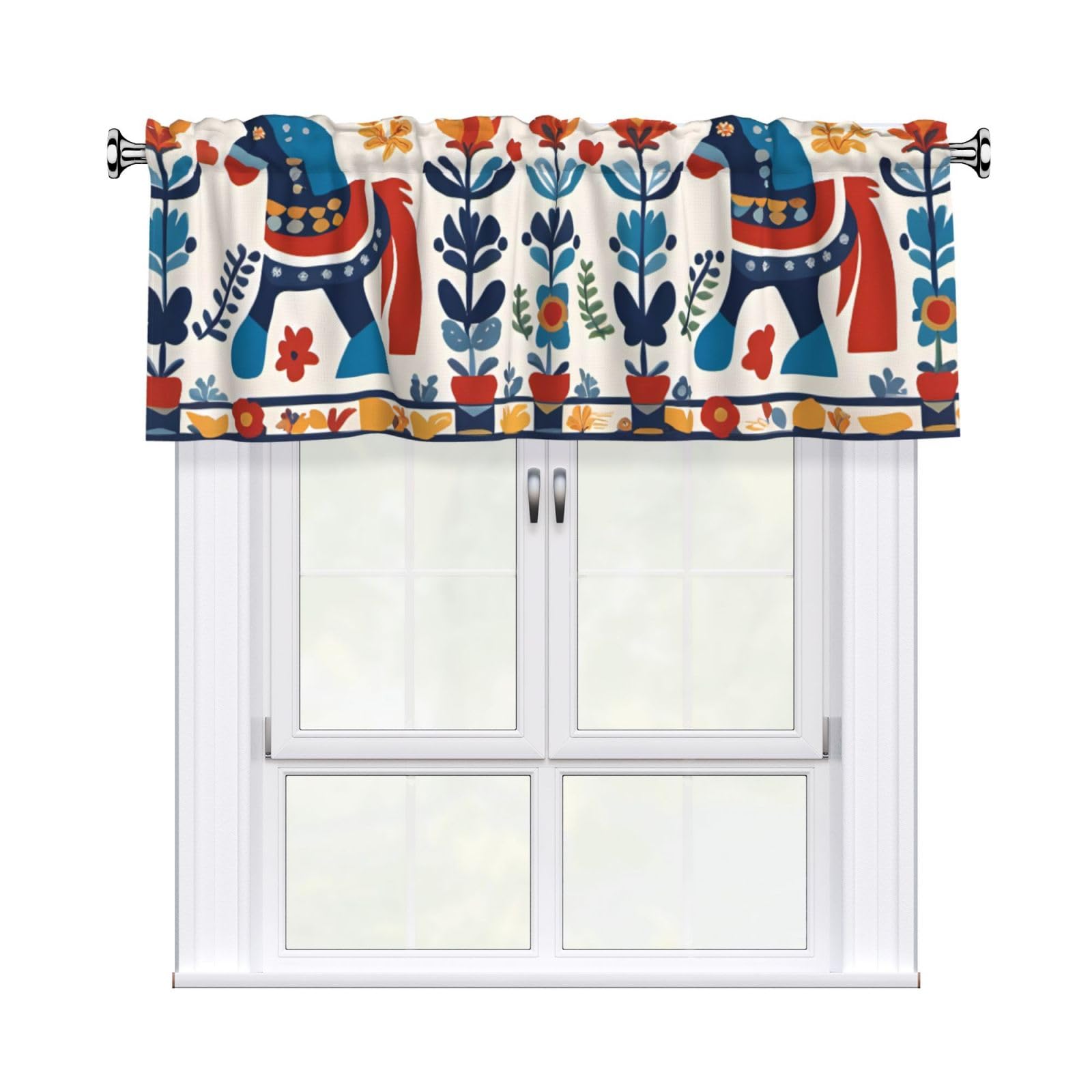 Laabbe Black Short Curtains With Valance Rod 54X18in Swedish Dala Horse Folk Stamp For Kitchen, Bathroom, Bedroom, Studio, Fits Most Standard Or Decorative Curtain Rods