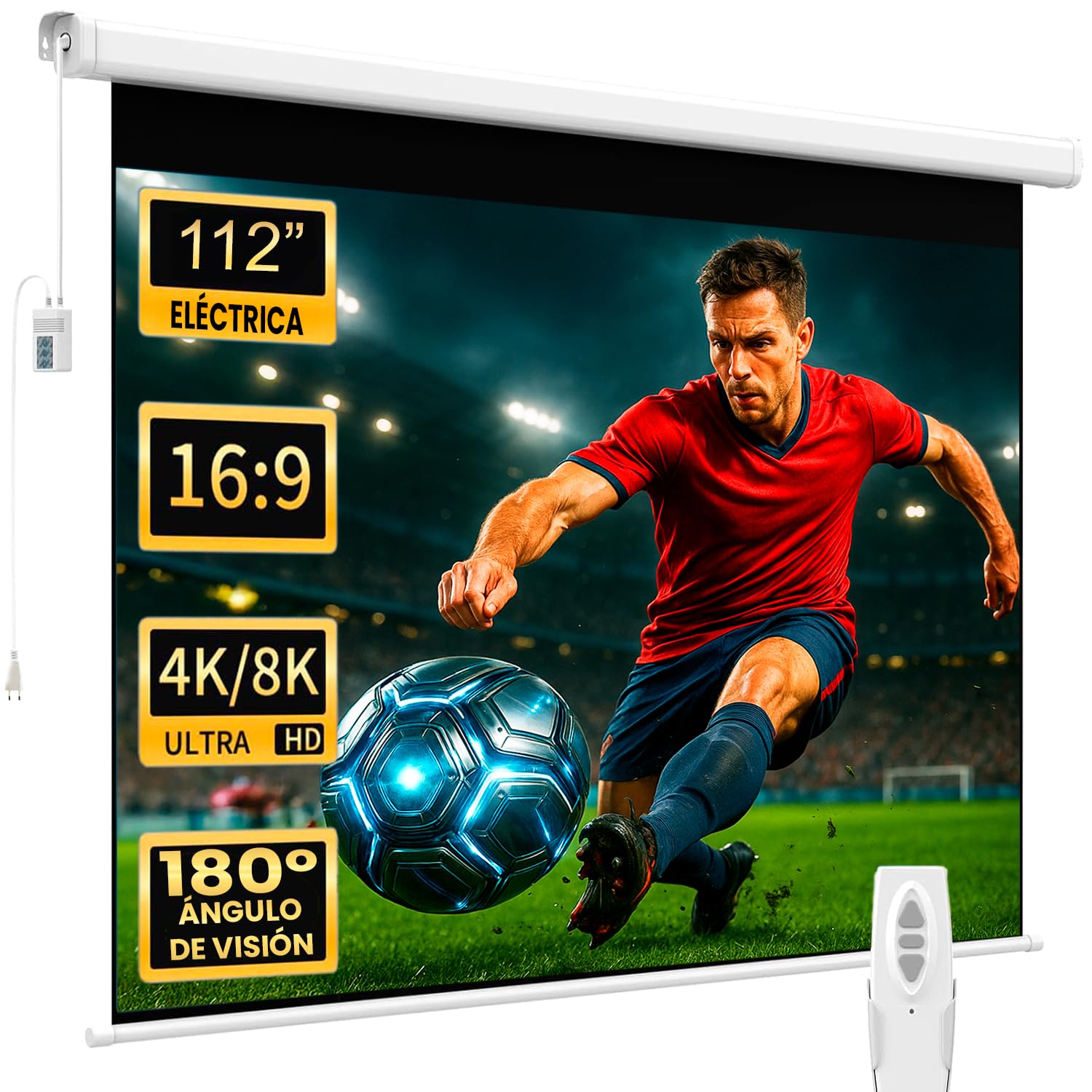 Luxscreen Pantalla de proyeccion electrica de 120", Dimensiones de la Tela 2,64 x 1,49 Metros, cajetin de Acero 3 Metros, con Mando inalambrico, Auto Enrollable, 4K, 16:9 (120 Pulgadas 16:9), Blanco — view 11
