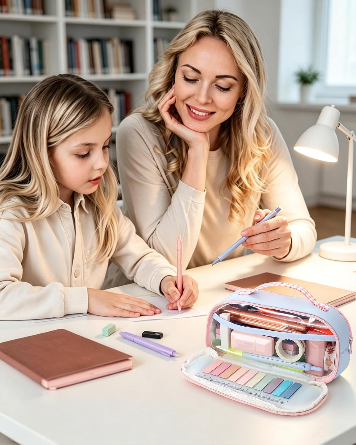 FINPAC Large Pencil Case Transparent Pocket - Corduroy Back | 40+ Pens Organizer | Zip Pocket | Wrist Strap (Pink and Blue)