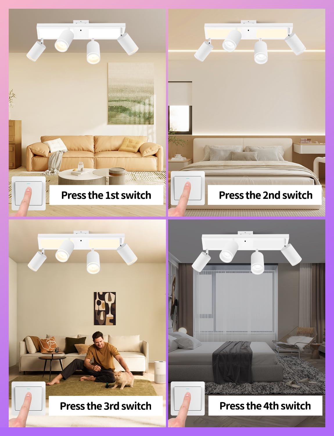 YindaLux Deckenstrahler LED mit Fernbedienung RGB Farbwechsel 30W 3600LM | Weiß RGB Deckenleuchte 4 Flammig mit Unteres Glühen, Inkl. GU10 Leuchtmittel, Schwenkbar Strahler Lampe für Wohnzimmer