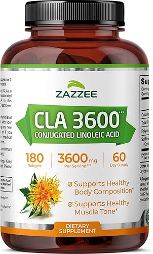 Zazzee CLA 3600 de alta potencia, 180 cápsulas blandas, 3600 mg por porción, ácido linoleico conjugado de aceite de cártamo, concentrado y
