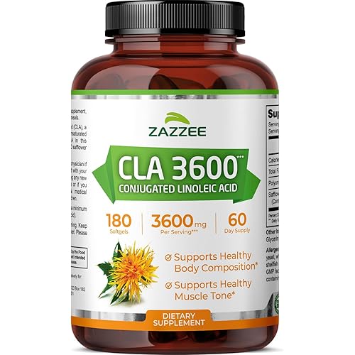 Zazzee High Potency CLA 3600, 180 Softgels, 3600 mg per Serving, Conjugated Linoleic Acid from Safflower Oil, Concentrated and Standardized, 60 Day Supply, Non-GMO and Made in the USA