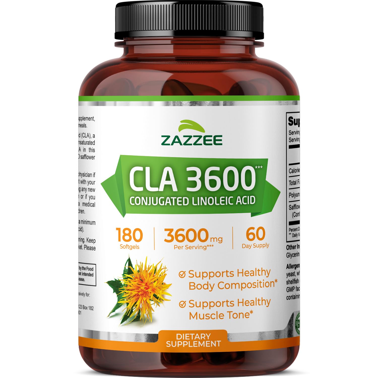 Zazzee High Potency CLA 3600, 180 Softgels, 3600 mg per Serving, Conjugated Linoleic Acid from Safflower Oil, Concentrated and Standardized, 60 Day Supply, Non-GMO and Made in The USA