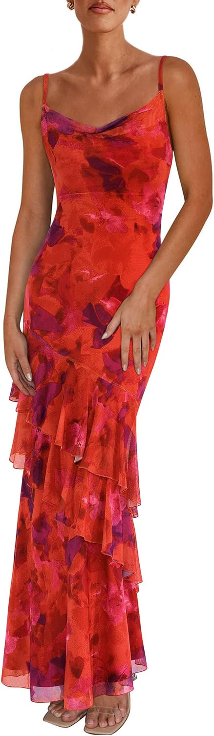 PRETTYGARDEN Maxi Dresses for Women 2026 Summer Tiered Floral Beach Sundress Spaghetti Strap Spring Wedding Guest Long Dress