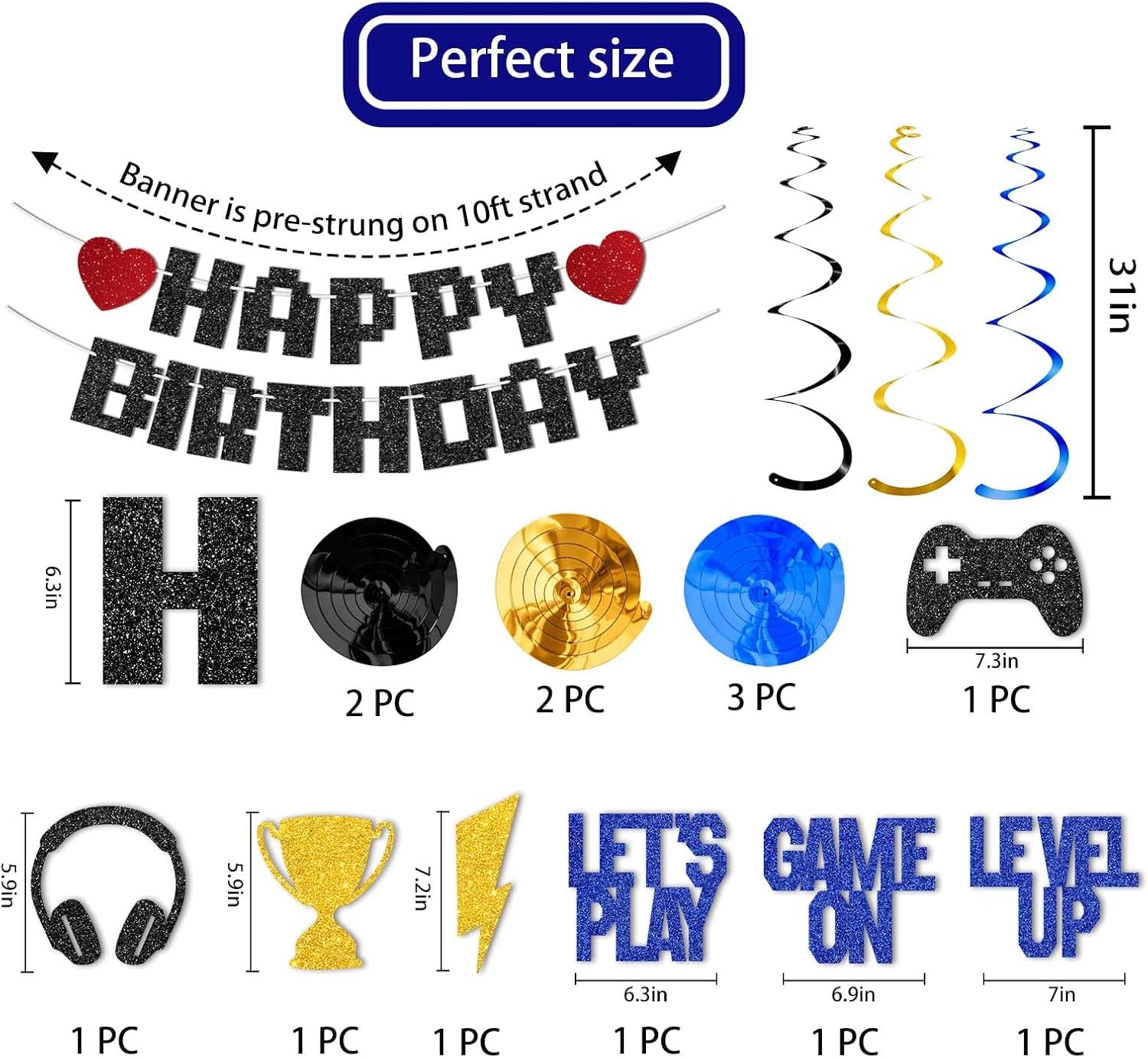 Gamer Birthday Party Decorations Banner-Glitter Video Game Birthday Decorations for Boys Girls,Premium Gaming Birthday Decorations Kit with Hanging Swirls for Game Level Up Theme Decor Supplies