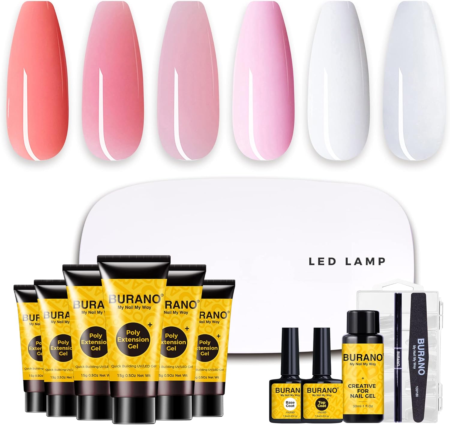 BURANO Poly Nail Gel Kit Met UV LED Lamp, Extension Set, Builder Gel Voor Nails All-in-One (Soft Pink 2)