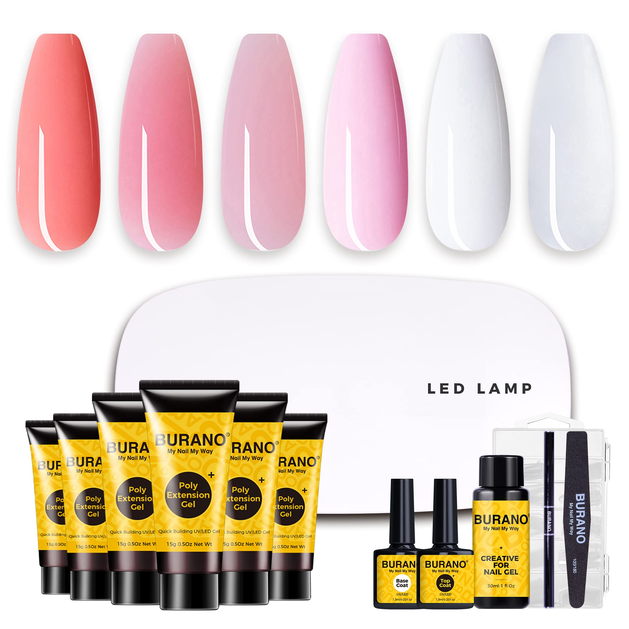 BURANO Poly Nail Gel Kit z UV LED Nail Lamp with Poly Nail Extension Gel Builder Przedłużający Żel Extension Kit Do Nail Salon Zestaw Prezentów dla Kobiet Różowy Nude 2