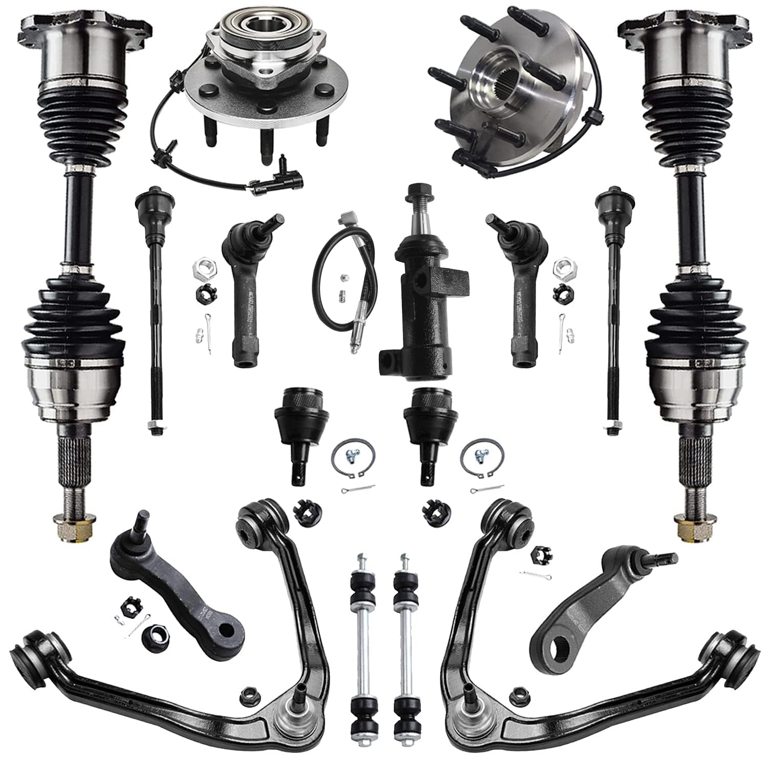 4WD Front CV Axles Kit for Chevy GMC Silverado Sierra Suburban 1500 Yukon Tahoe Escalade, CV Axles Upper Control Arms Ball Joints Wheel Bearing Hubs Tie Rods Sway Bars Idler Pitman Arms