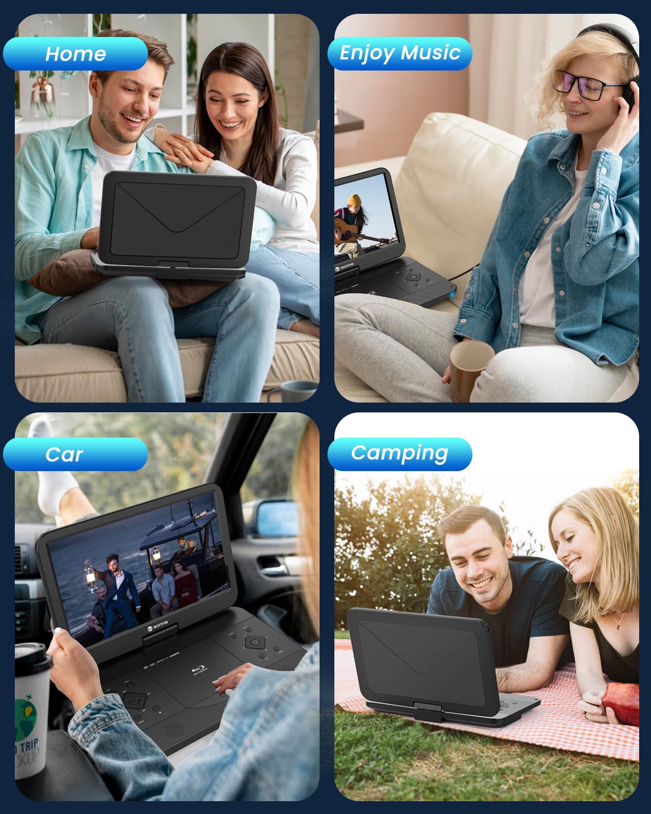WONNIE Lettore DVD portatile Bluray con schermo 1080p Full HD da 15,6 pollici, grande schermo girevole, suono surround, supporto ultima memoria, uscita HDMI, ingresso AV, scheda USB/SD