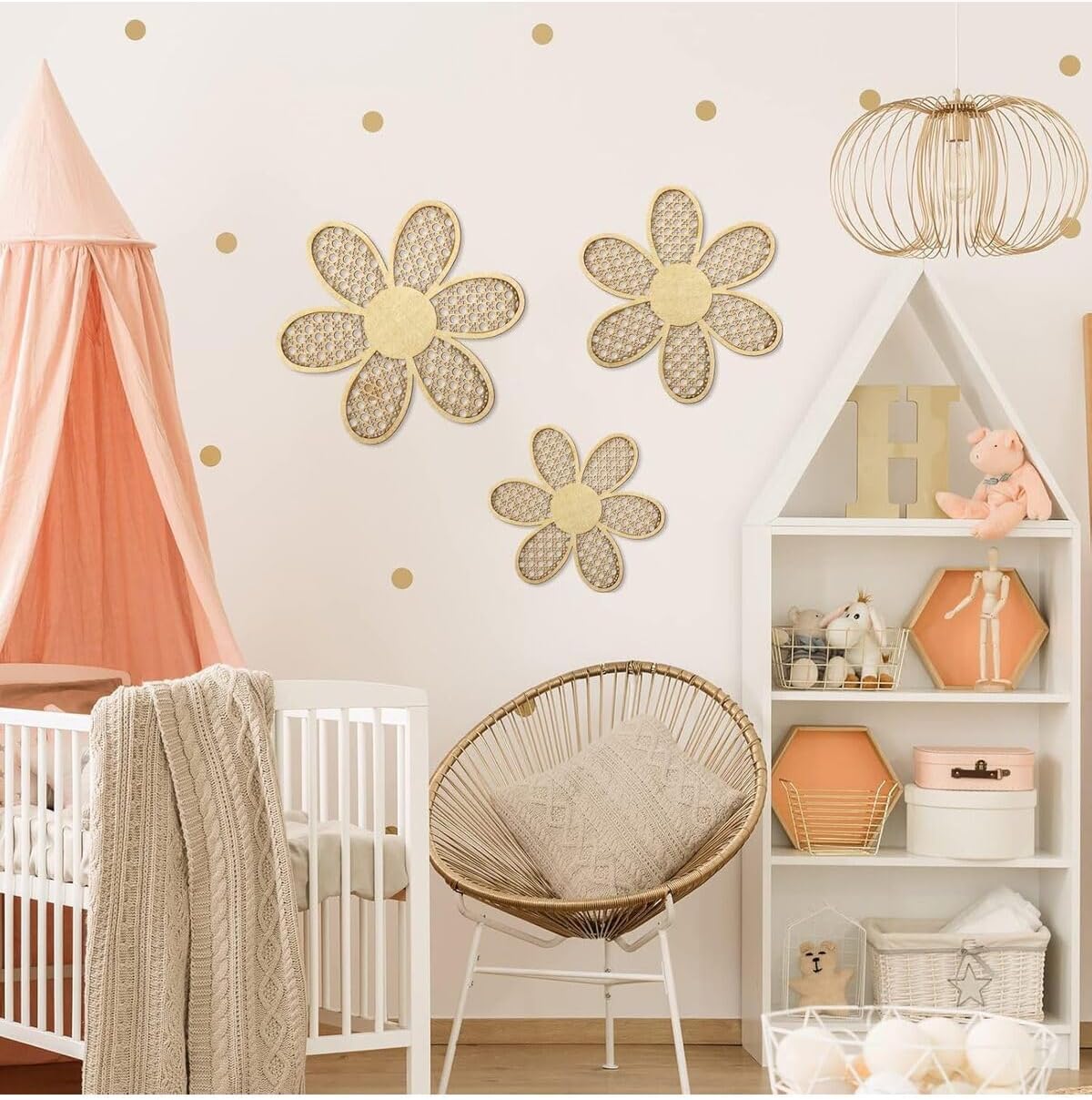 SODEF Daisy Wood Rattan Door Wall Hanging Decor Set - 3 Piece Room Decoration - Beige