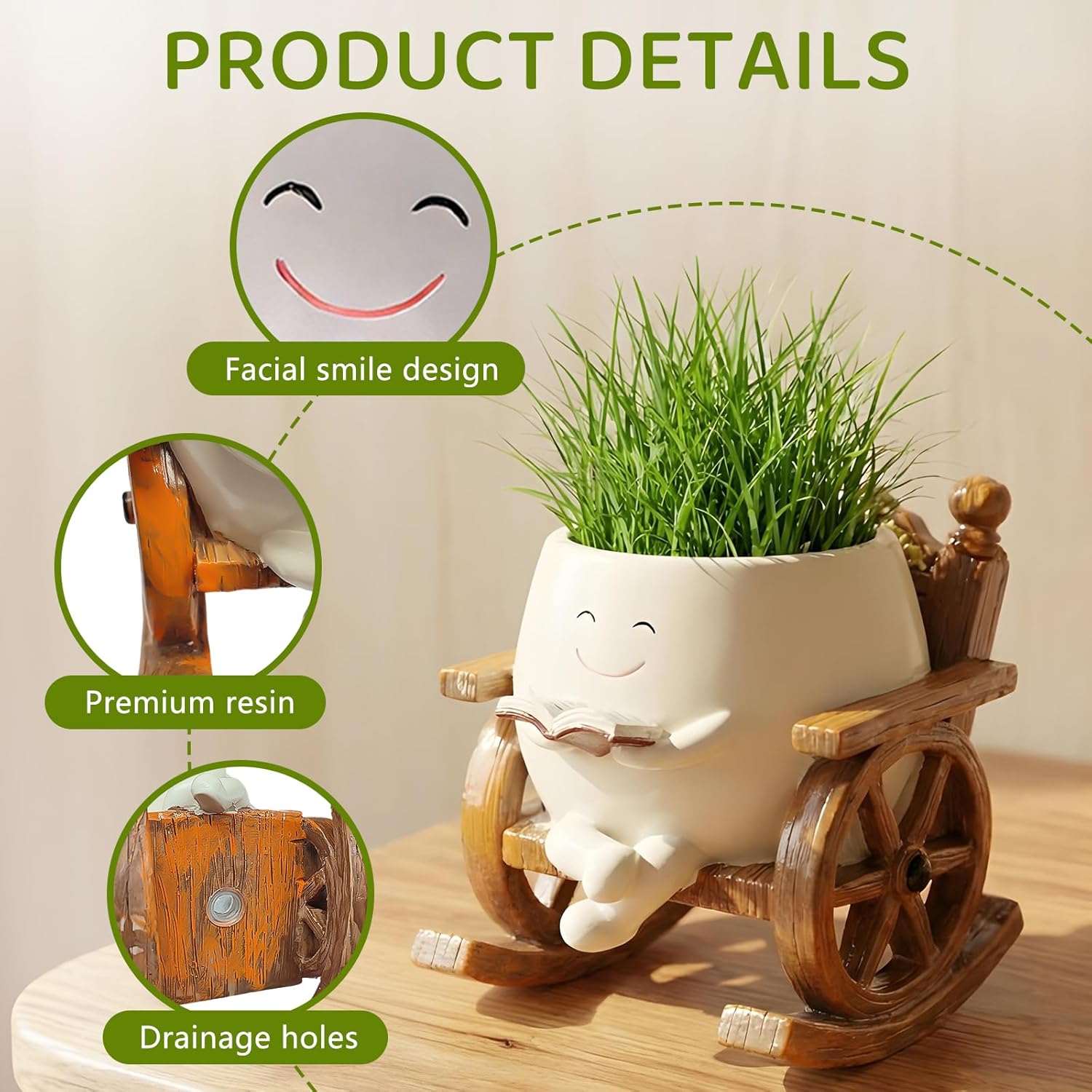 2 Pack Rocking Smily Face Planter Pot, Cute Plant Pots for Indoor Outdoor Plants with Drainage Hole, Unique Flower Succulent Pots Gift for Father Mother Birthday